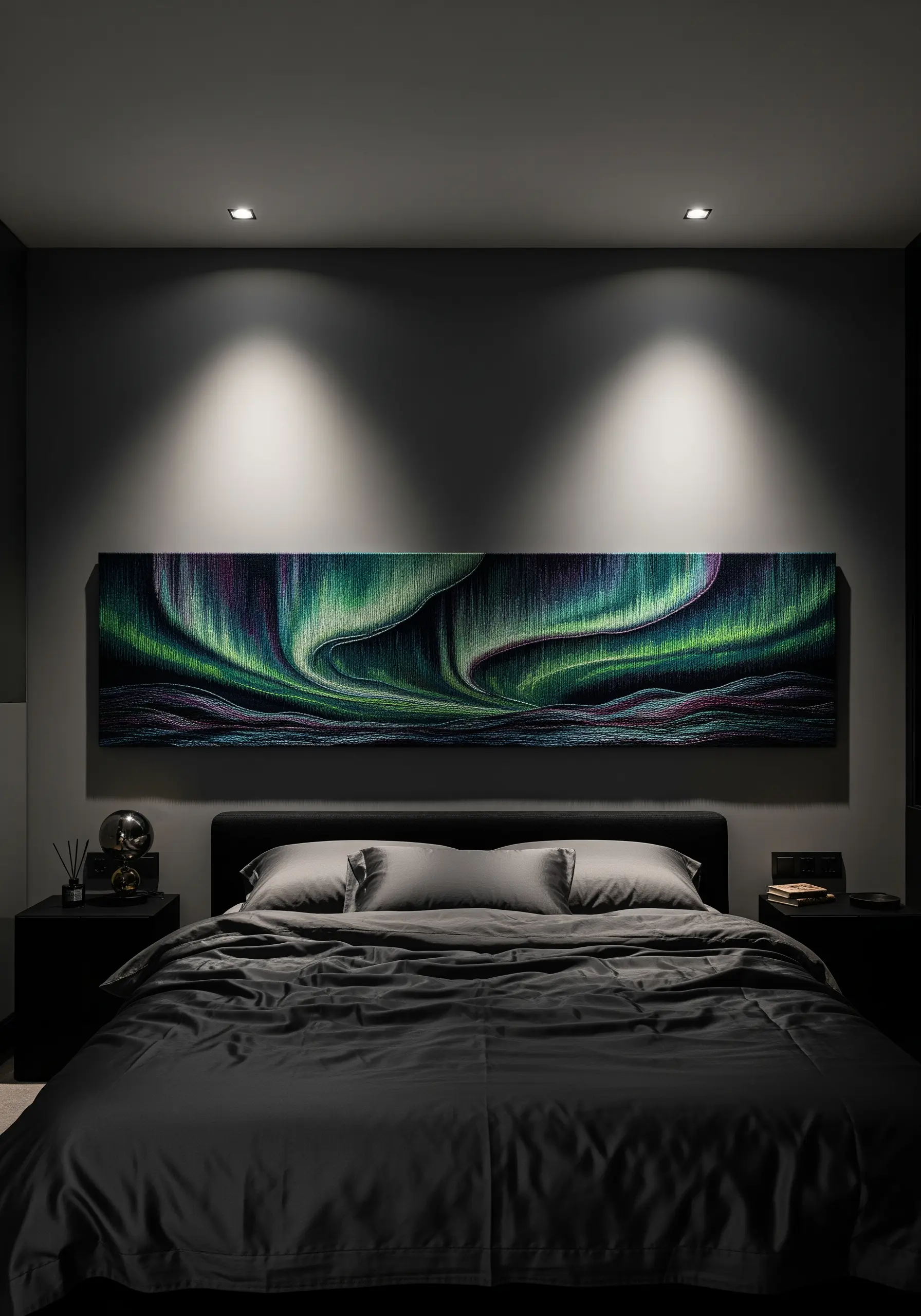 A wide, panoramic embroidery of the aurora borealis in greens and purples.