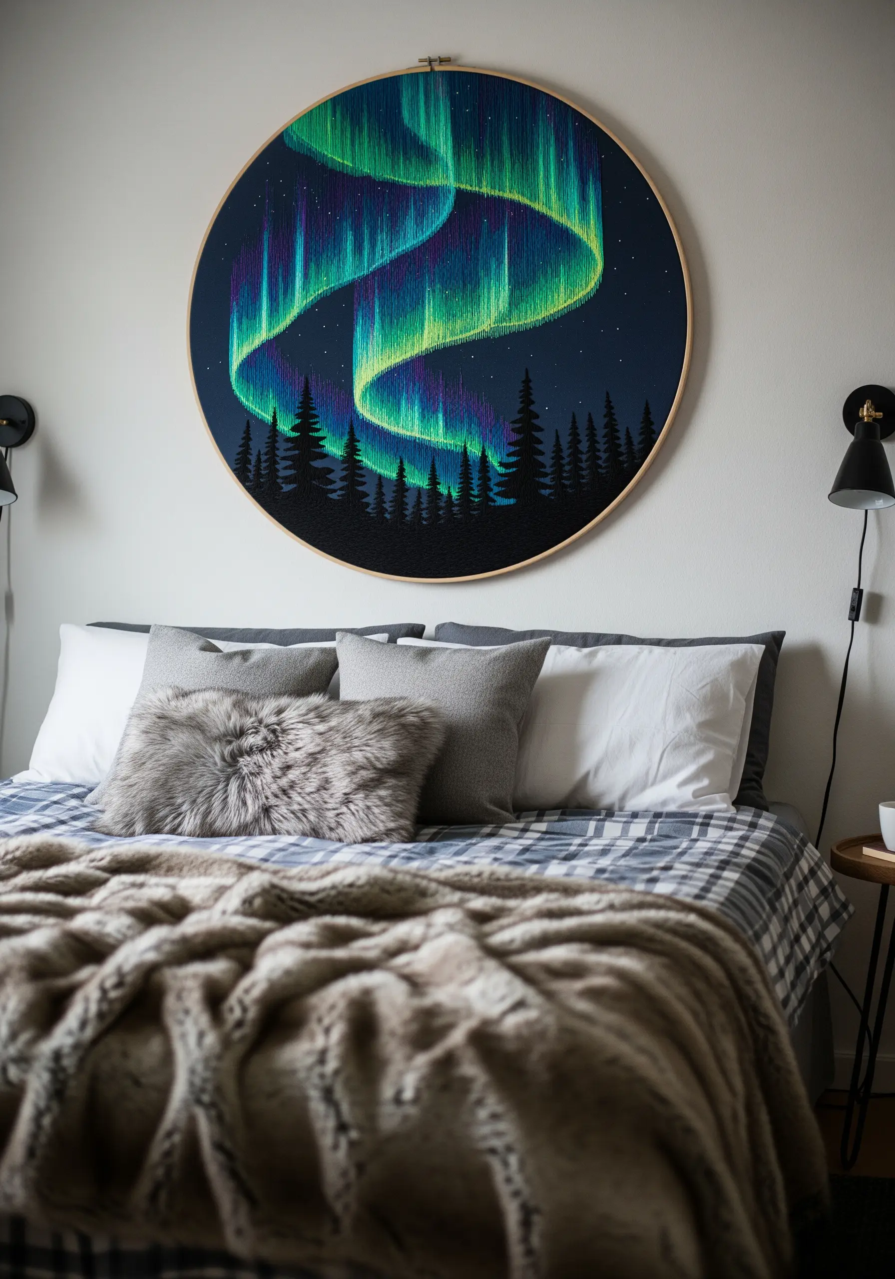 A large embroidery hoop depicting the Northern Lights over a silhouette of a pine forest.