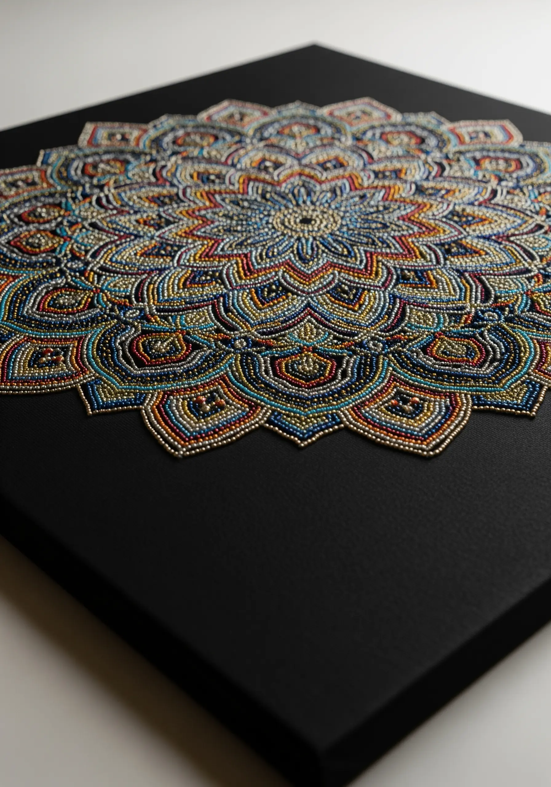 A close-up of an intricate, colorful beaded mandala on a black canvas.