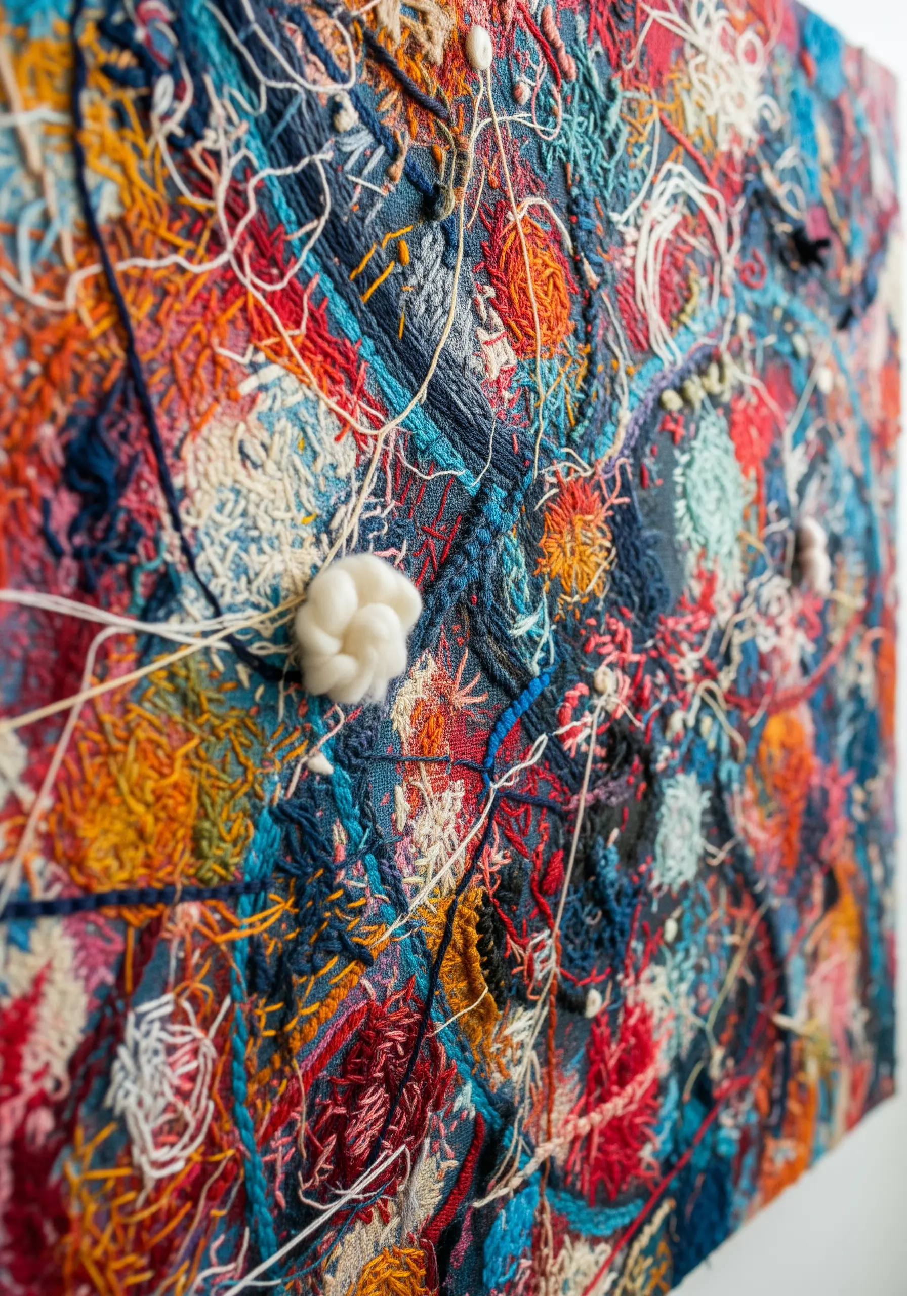 Close-up of a heavily textured abstract embroidered canvas with dense, multi-colored stitches.