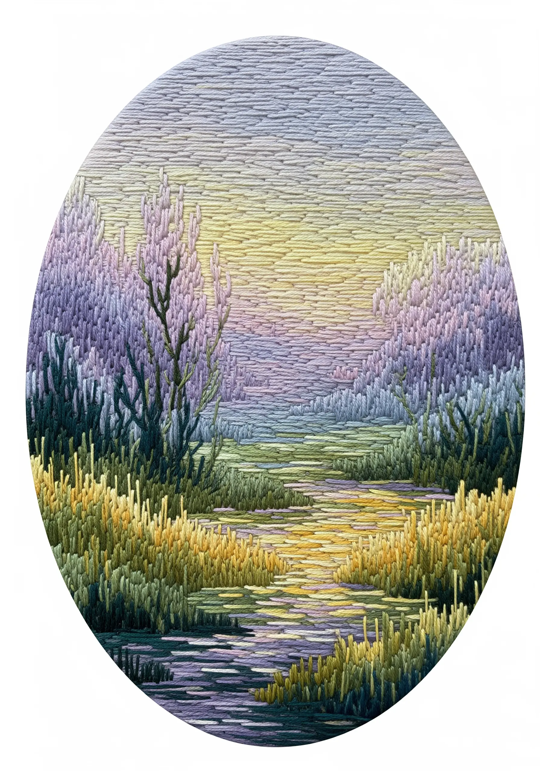 Embroidered landscape with painterly satin stitches in pastel colors.