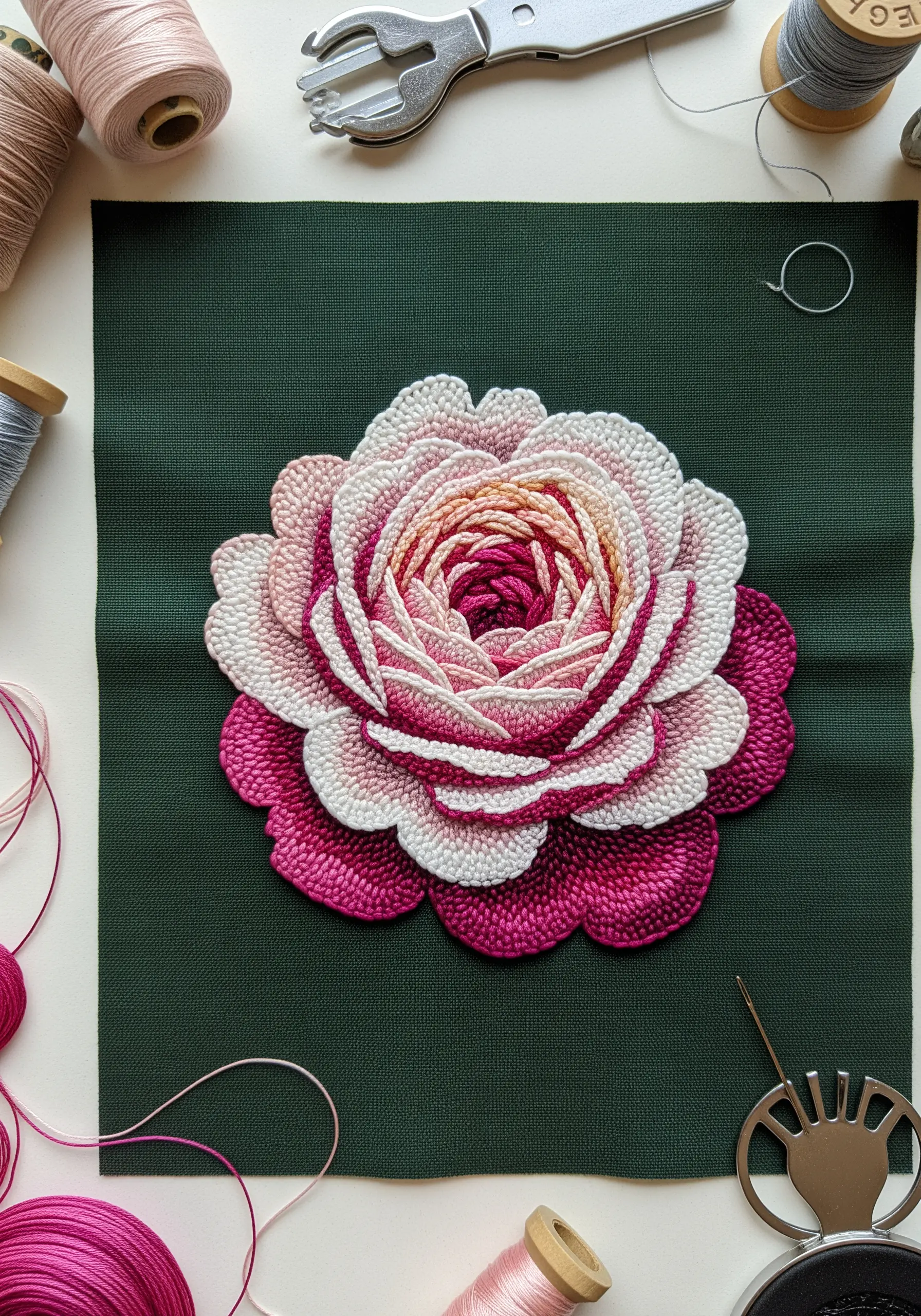 A dimensional rose made entirely of pink, white, and magenta French knots on dark green fabric.