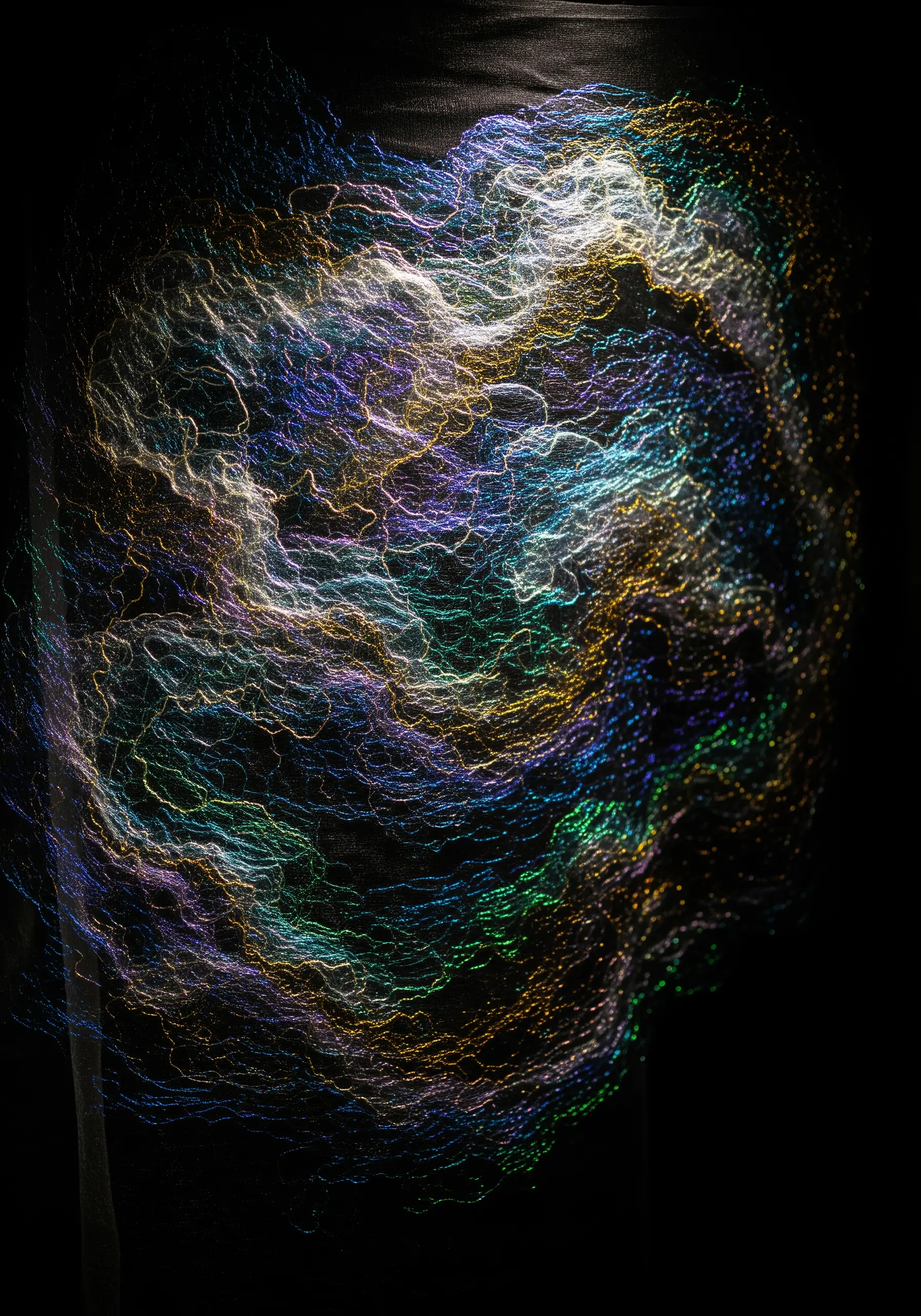 A dense cloud of free-motion stitching using iridescent and holographic metallic threads.