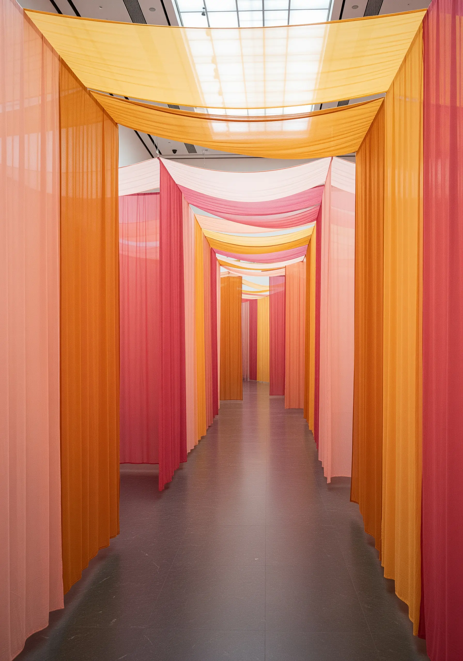 A long corridor filled with hanging, overlapping panels of sheer orange, pink, and yellow fabric