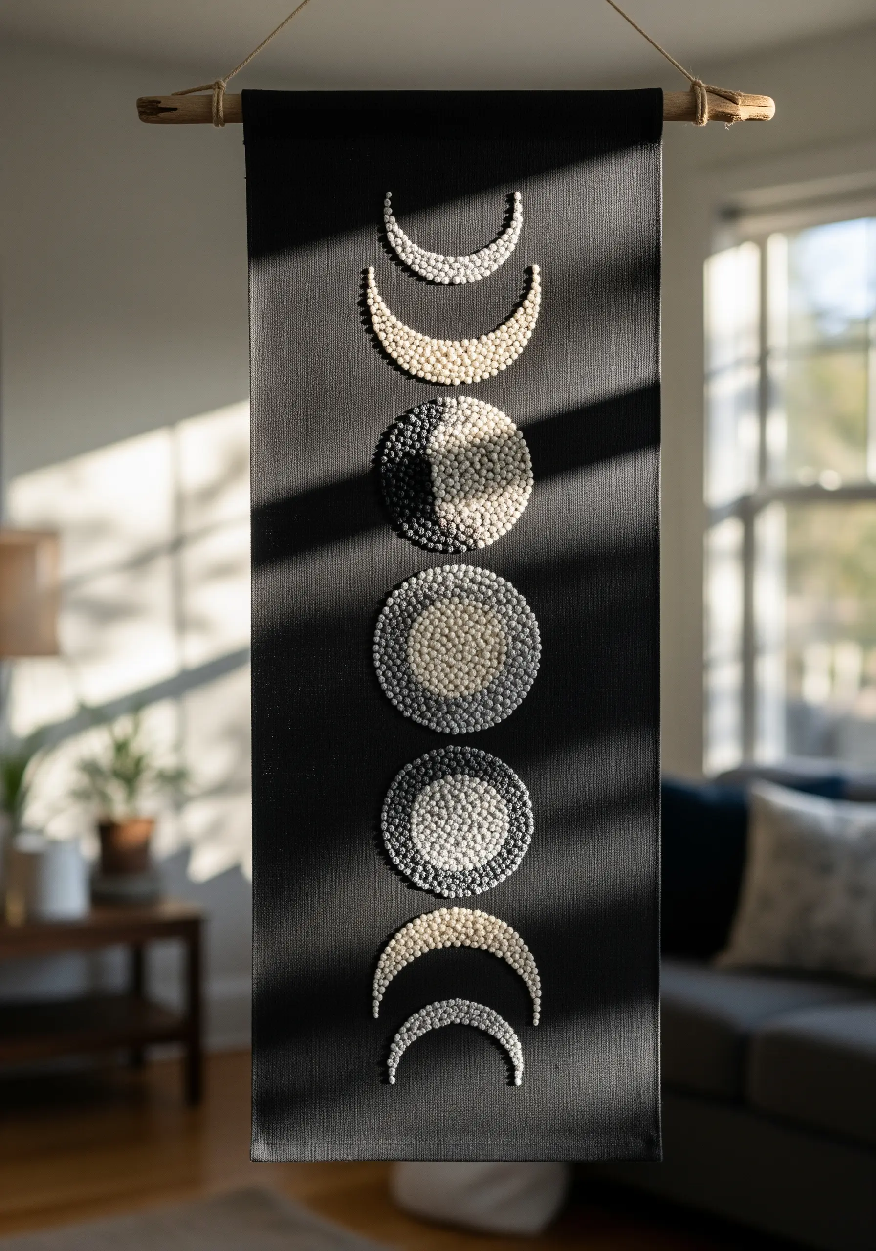 Moon phases wall hanging created with dense French knots in neutral colors.
