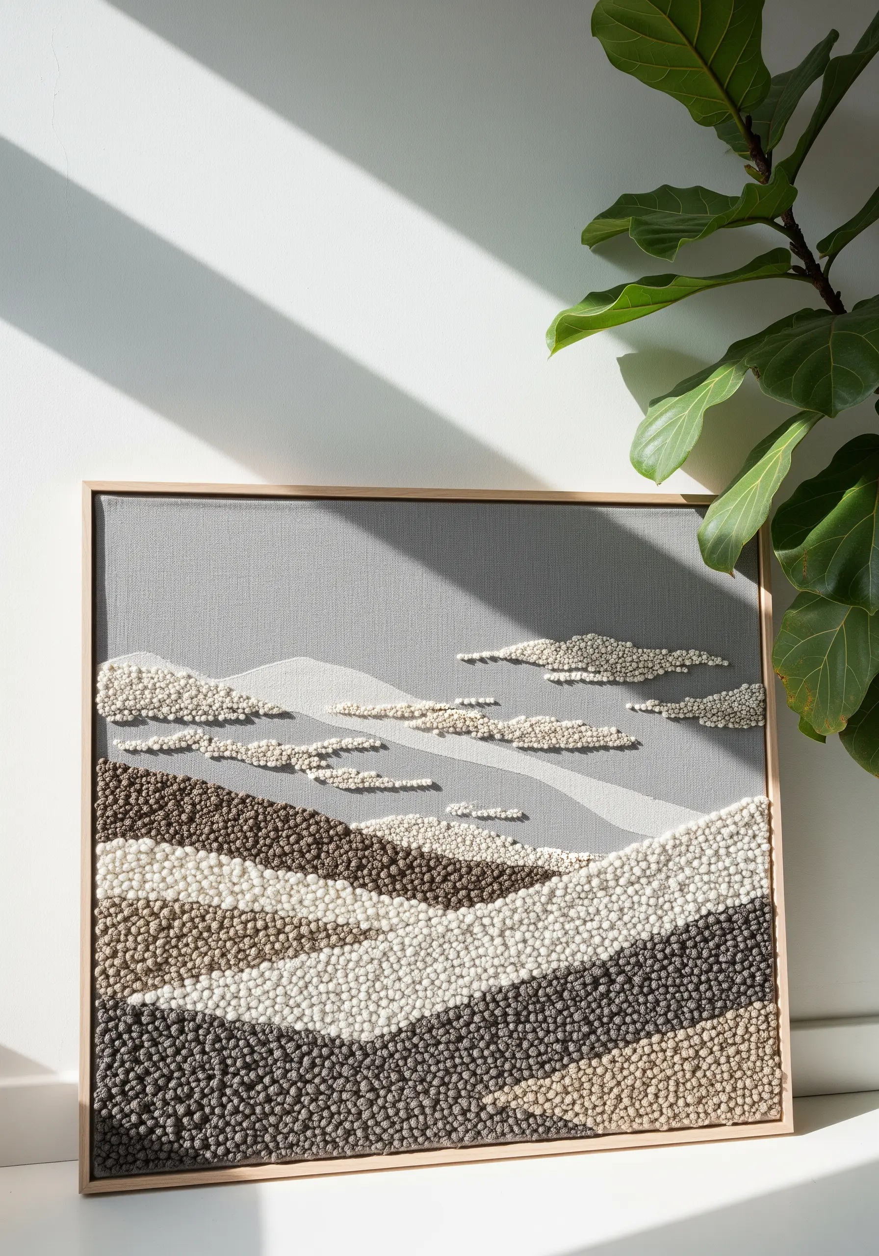 Framed textile art of a landscape made entirely of textural French knots in neutral tones.