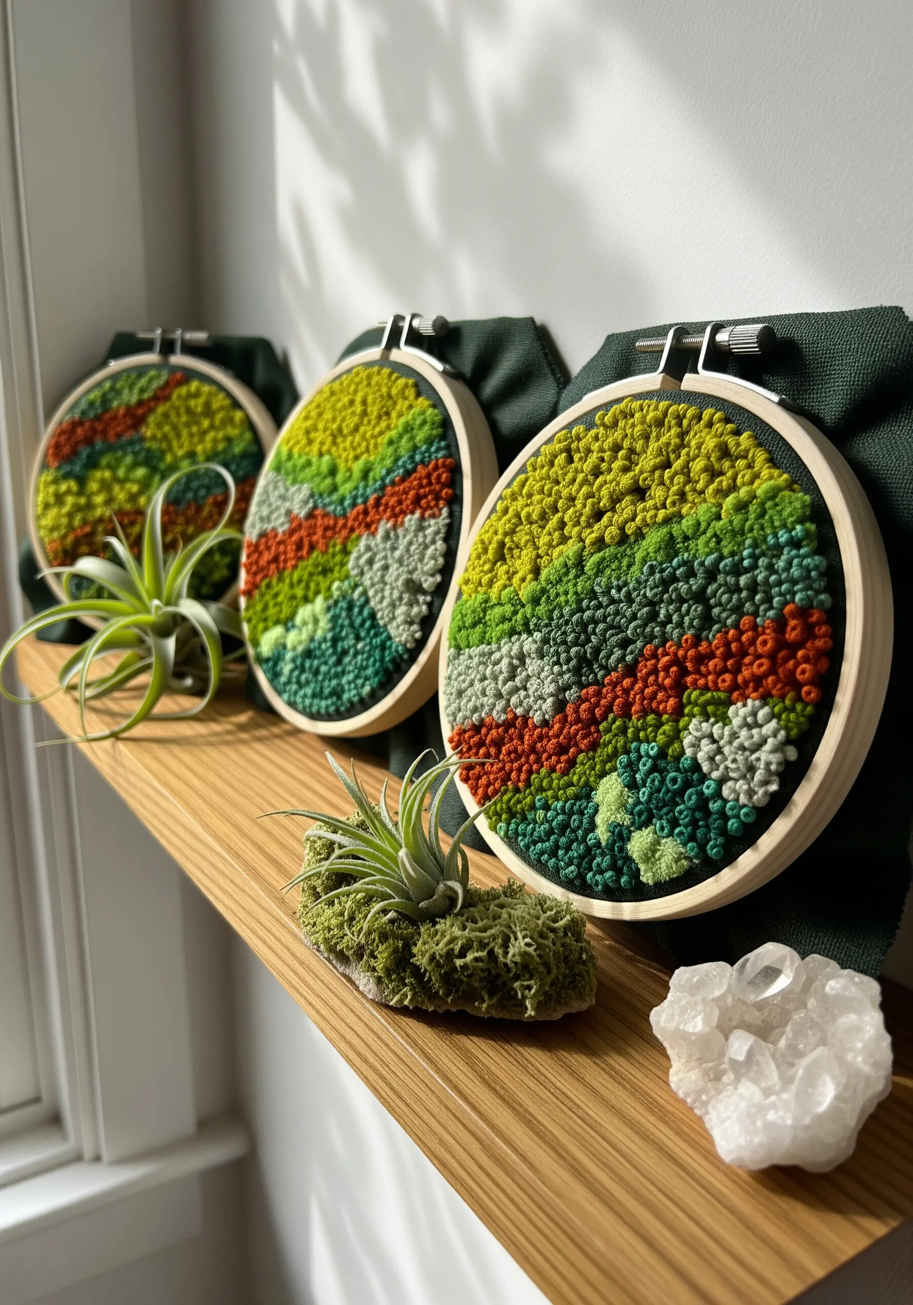 Three small punch needle hoops with abstract, textured landscapes in green, orange, and red.