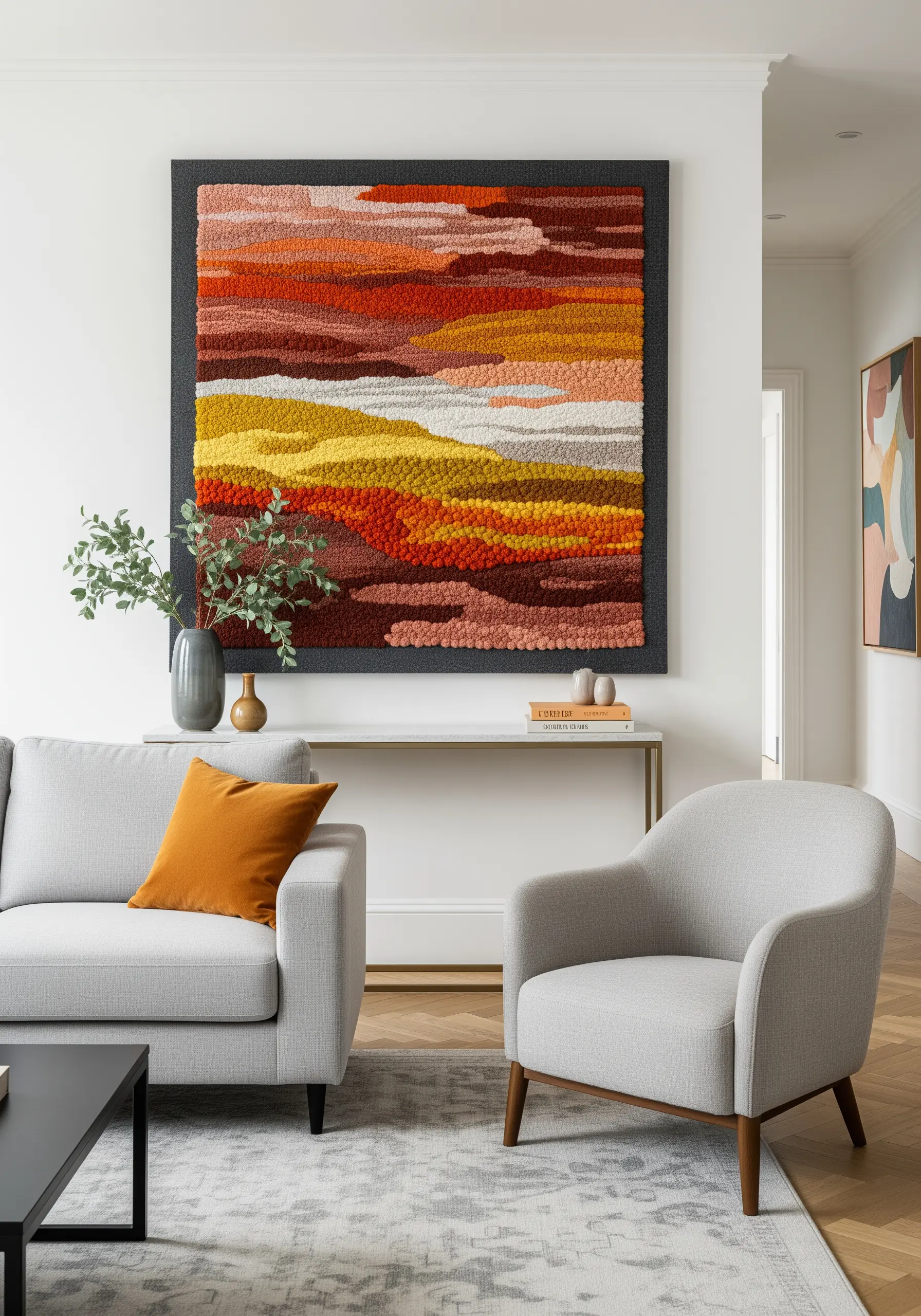 Large, framed punch needle wall art with an abstract landscape in warm earth tones.