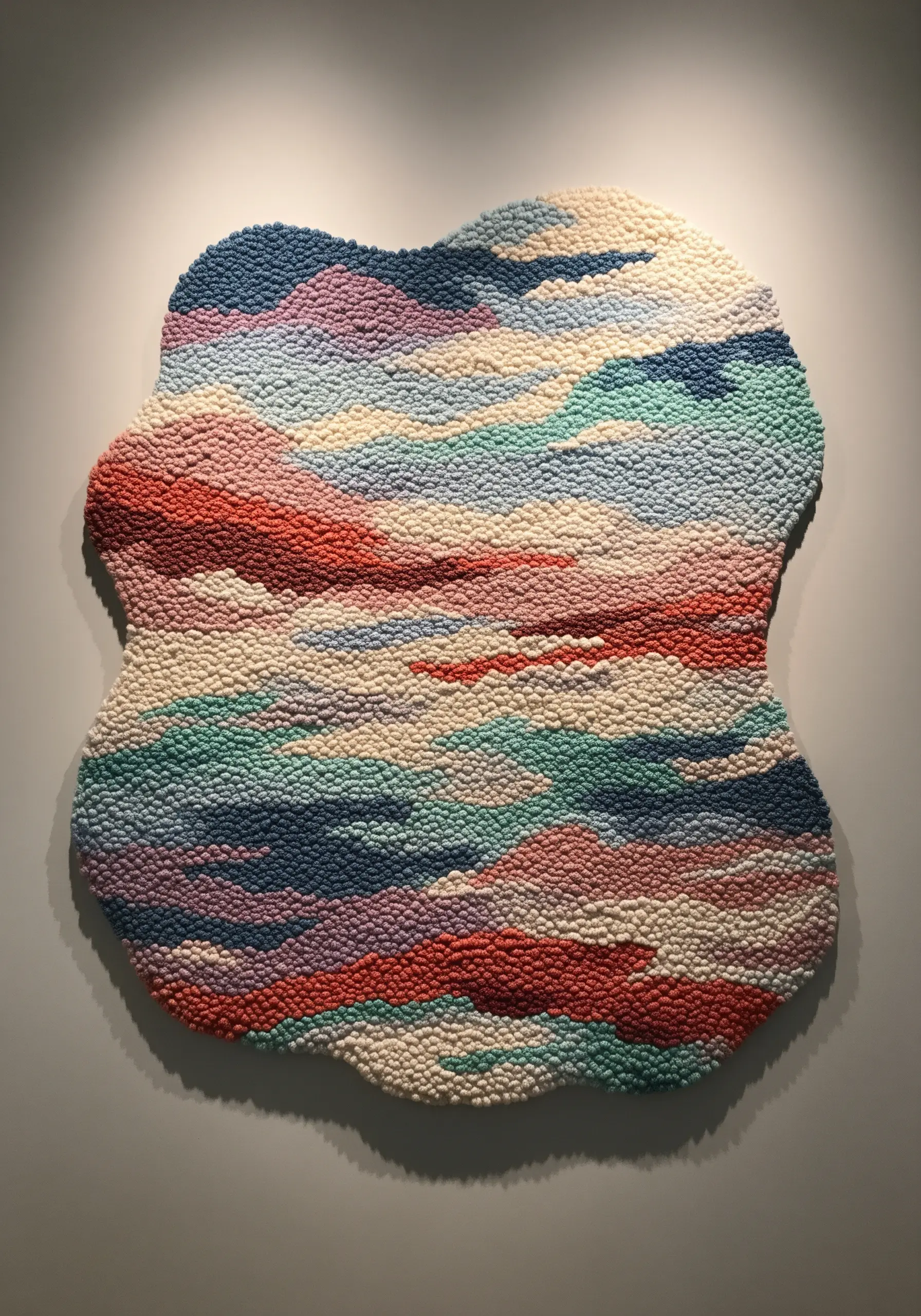 An abstract punch needle artwork with dense, colorful loops forming cloud-like shapes.