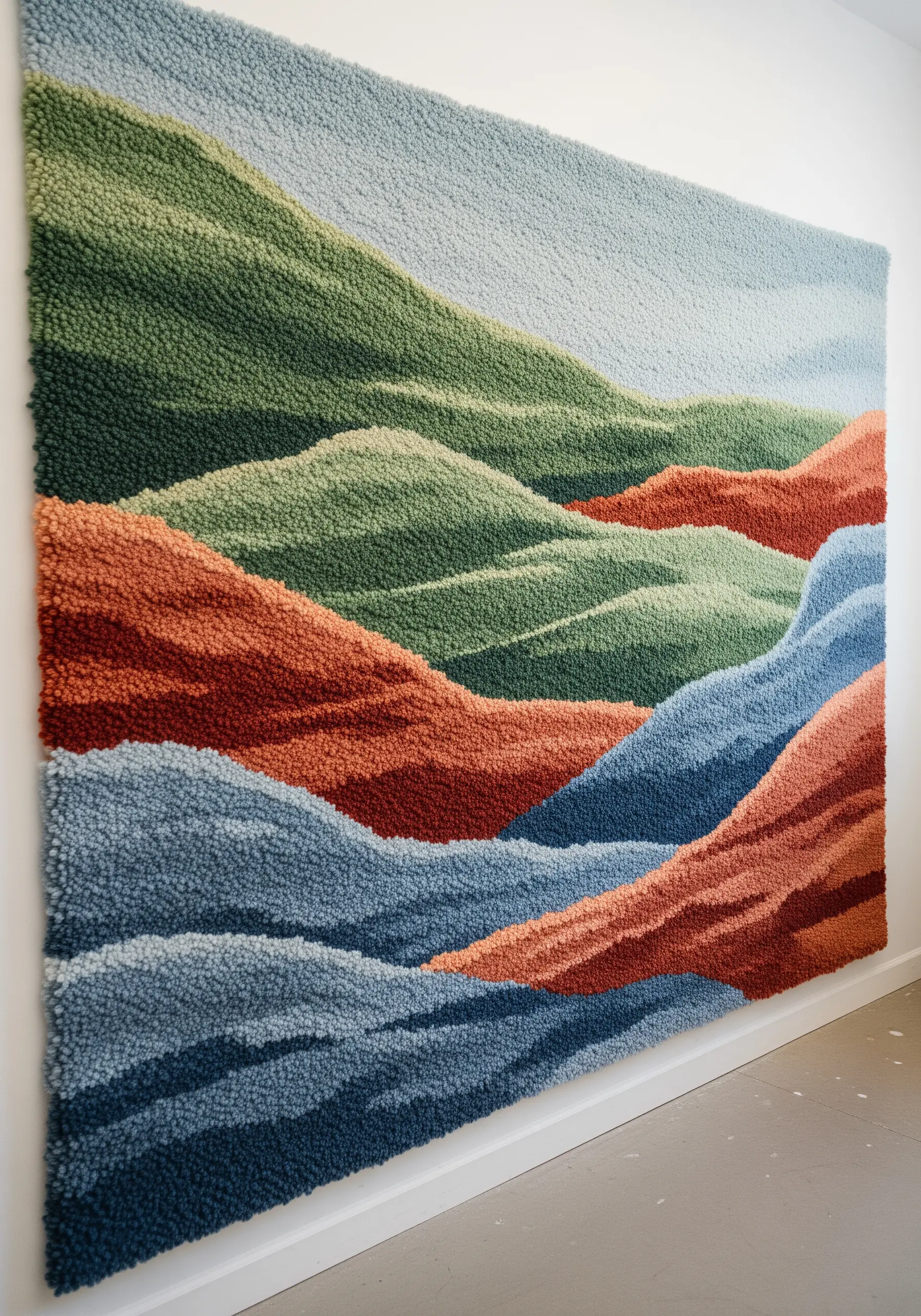 A large, wall-mounted textile artwork of rolling hills made with a dense punch needle technique.