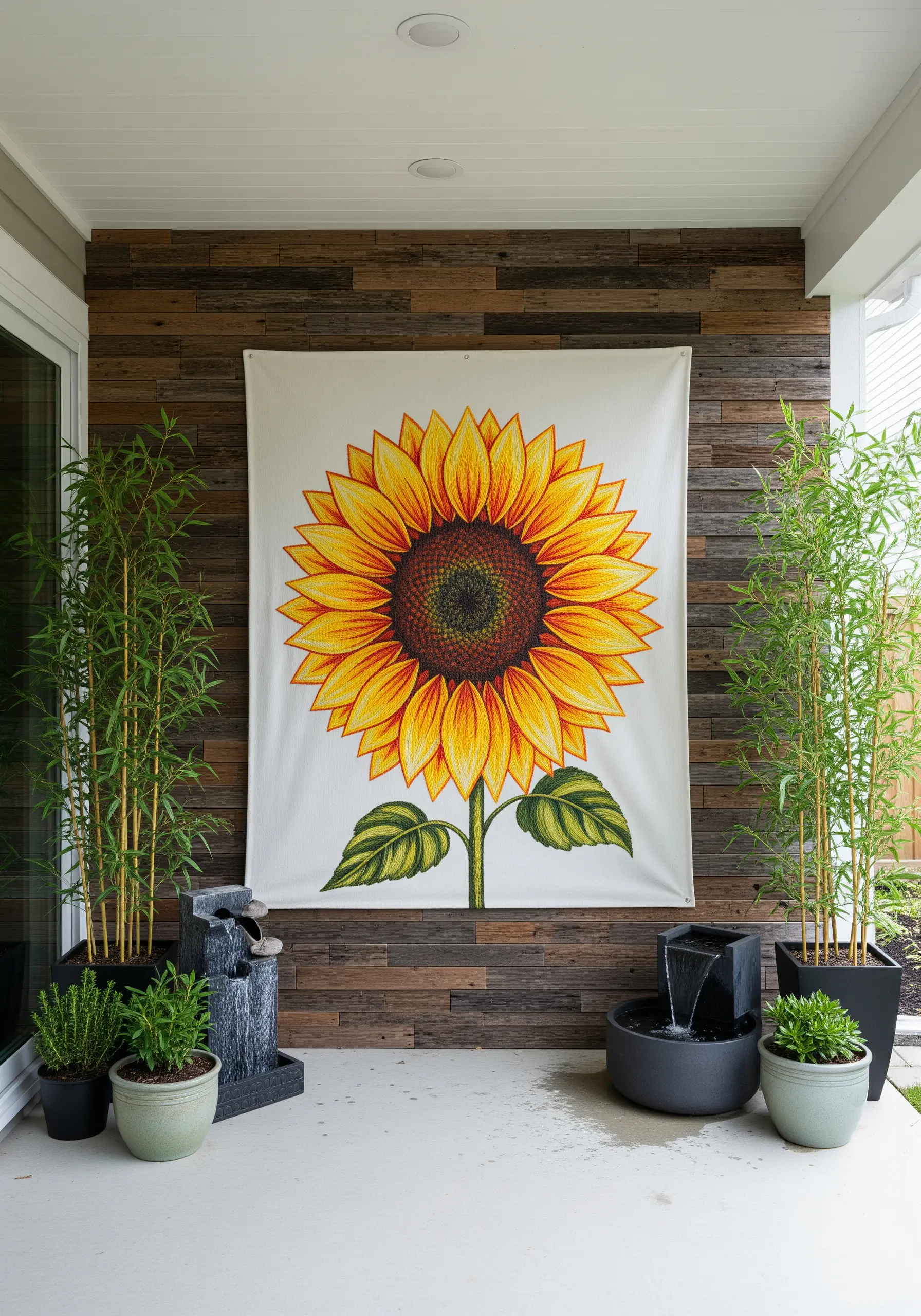 A large, vibrant wall tapestry of a realistic embroidered sunflower.
