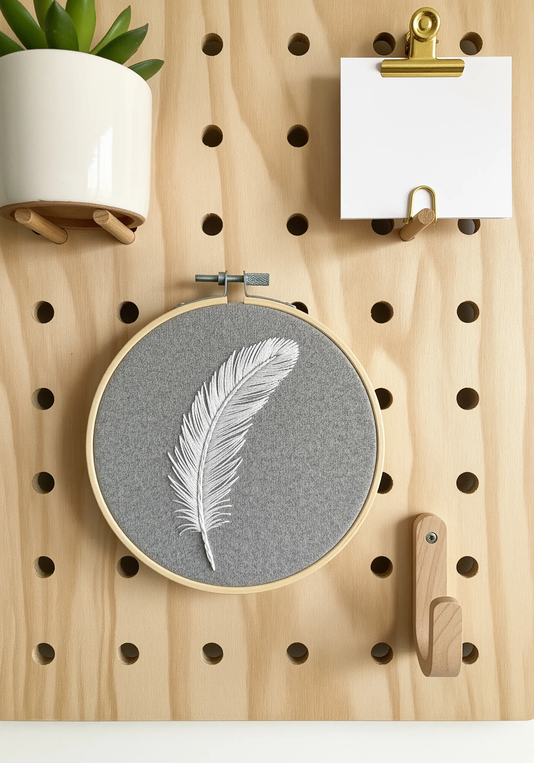 A realistic white feather created with long and short stitch on grey felt fabric.