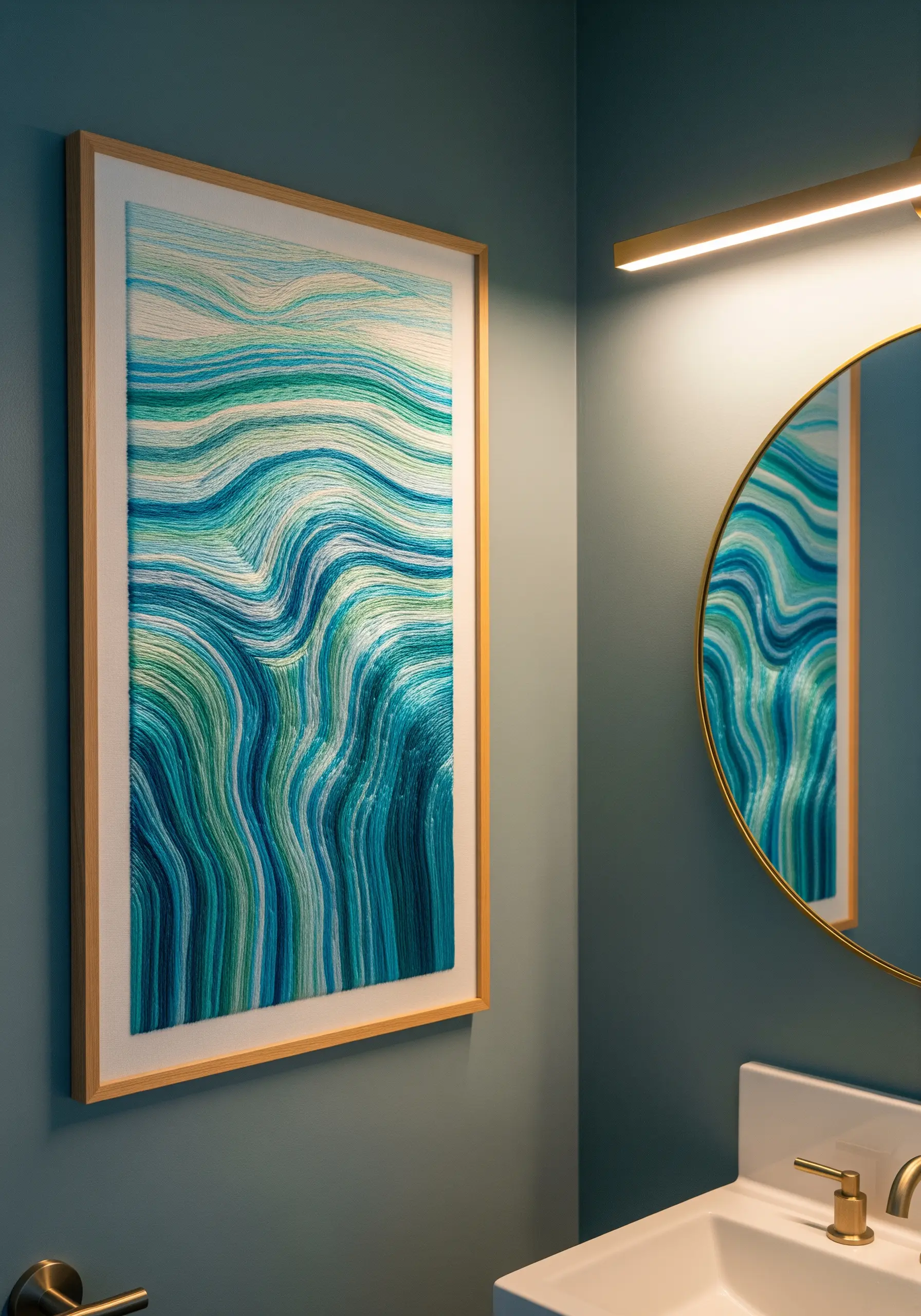 Framed abstract embroidery wall art depicting flowing water in shades of blue, green, and white.