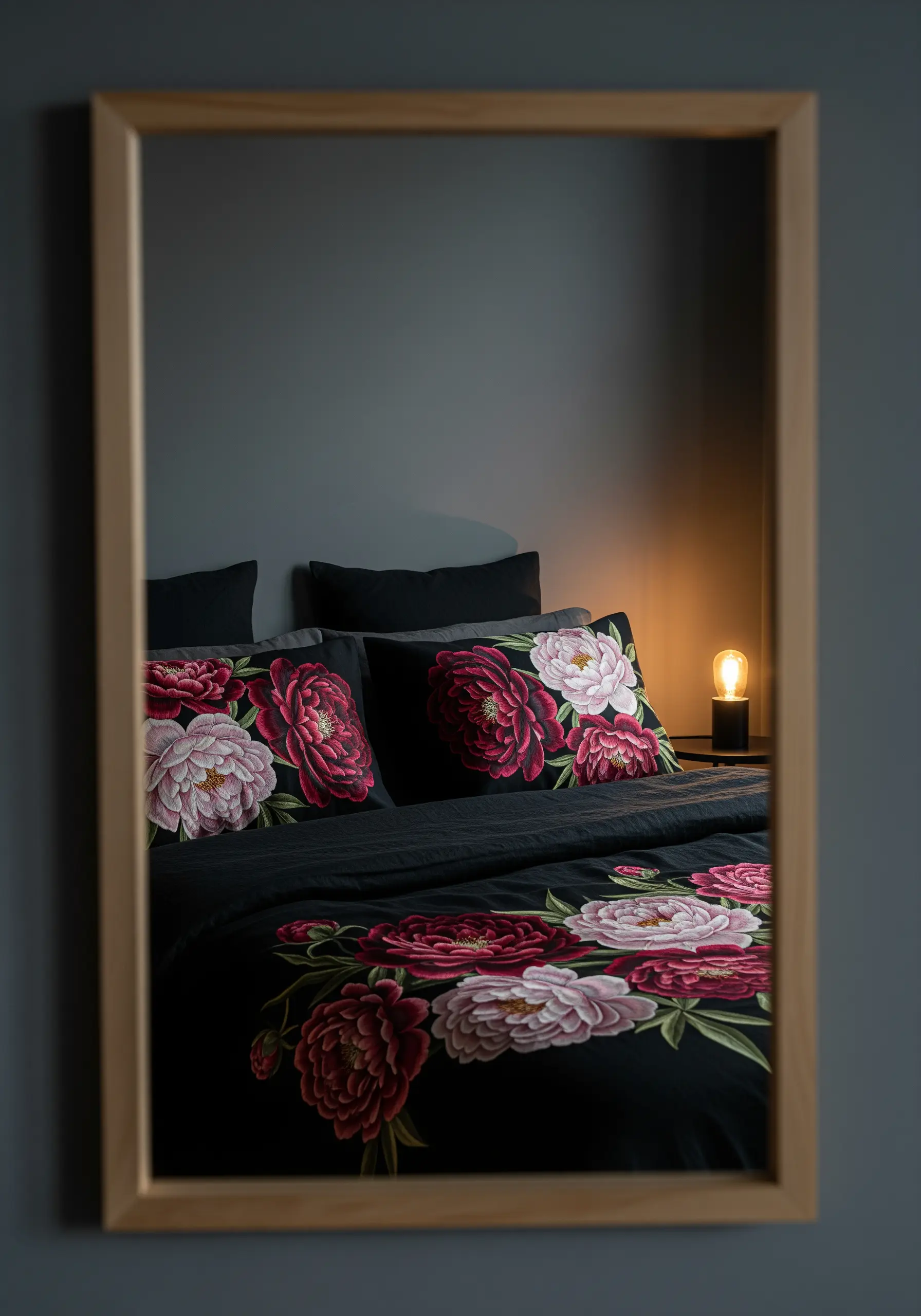 Large, realistic peonies in shades of crimson and pink embroidered on black pillowcases.