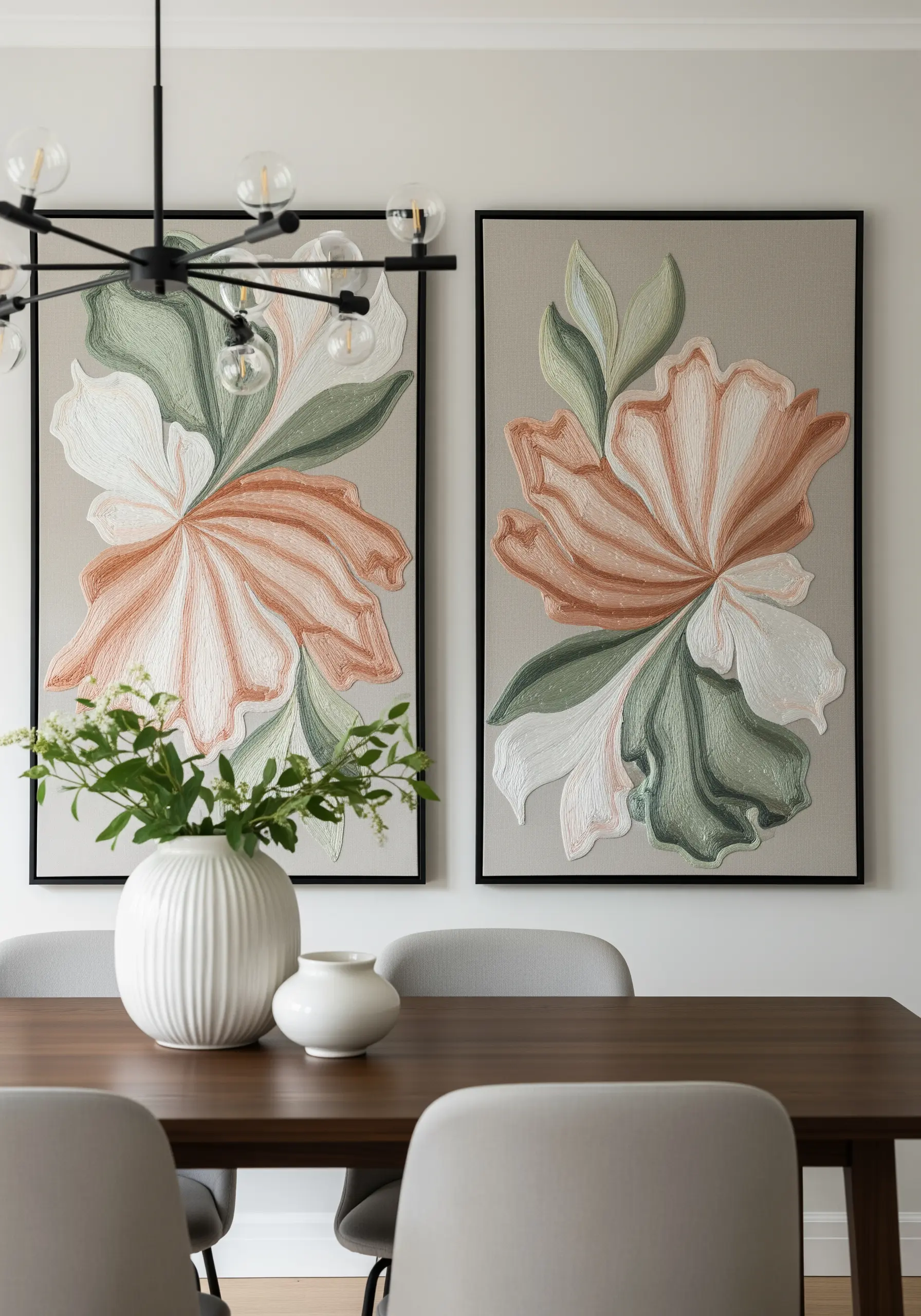 A pair of large, framed abstract floral embroideries in pastel colors