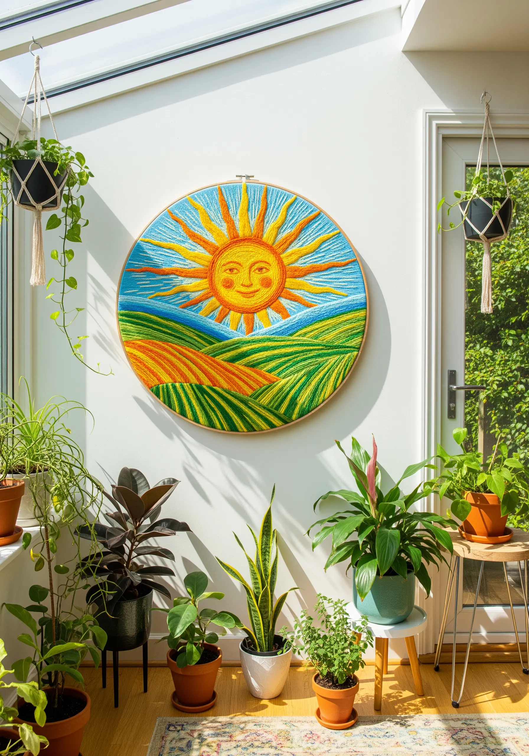 A large, vibrant embroidery of a smiling sun over rolling green and gold fields.
