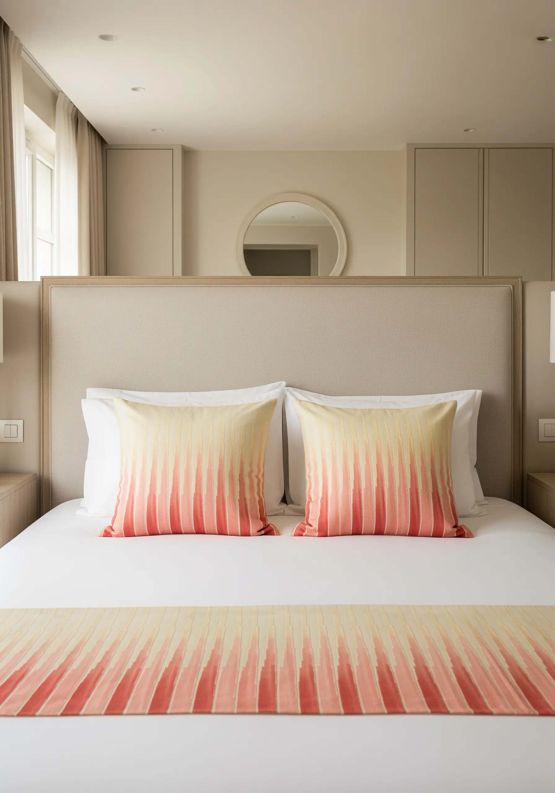 Two pillows and a bed runner with a vertical gradient of red, pink, and cream thread.