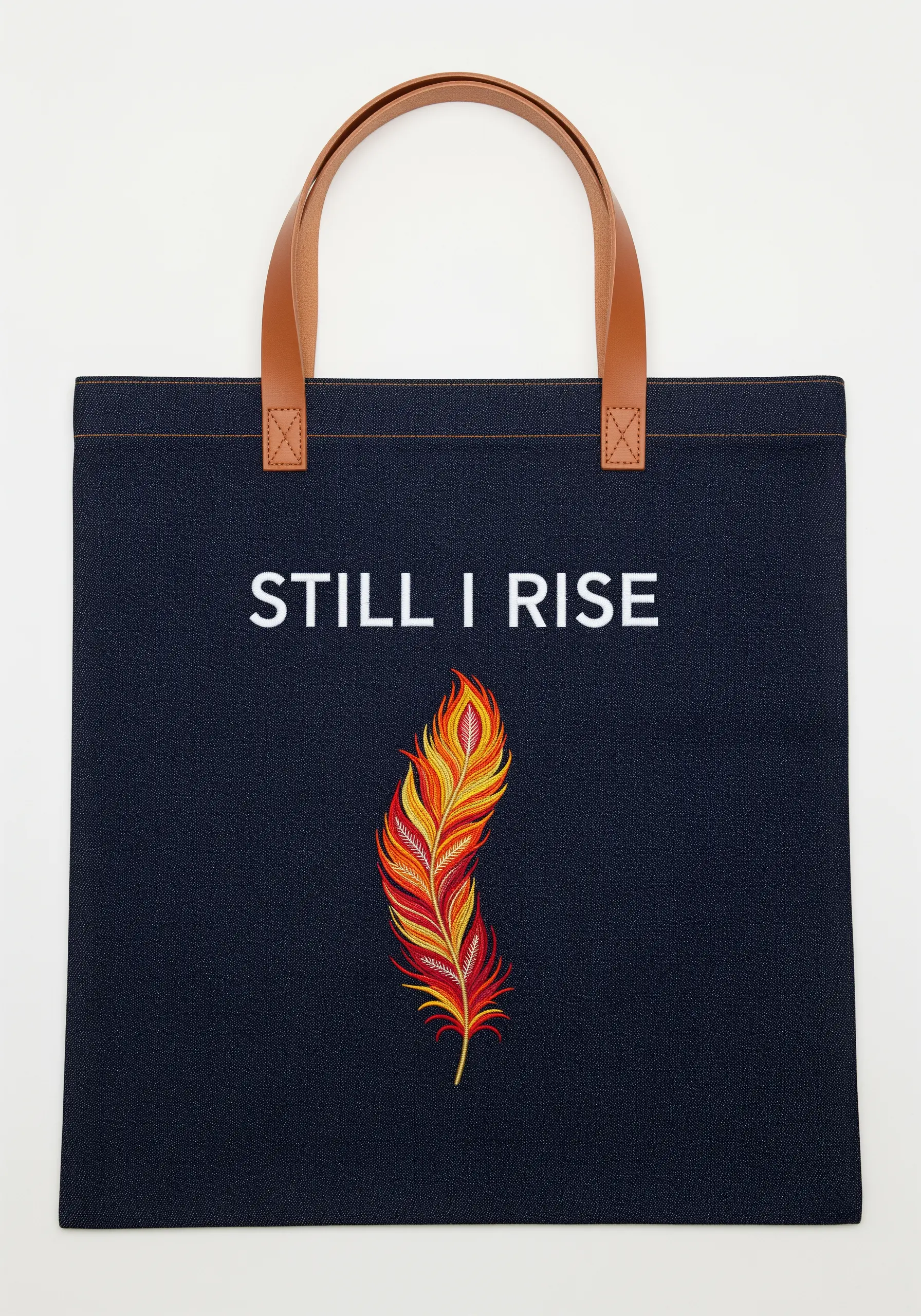 A vibrant, thread-painted feather in red, orange, and yellow below the words 'Still I Rise'.