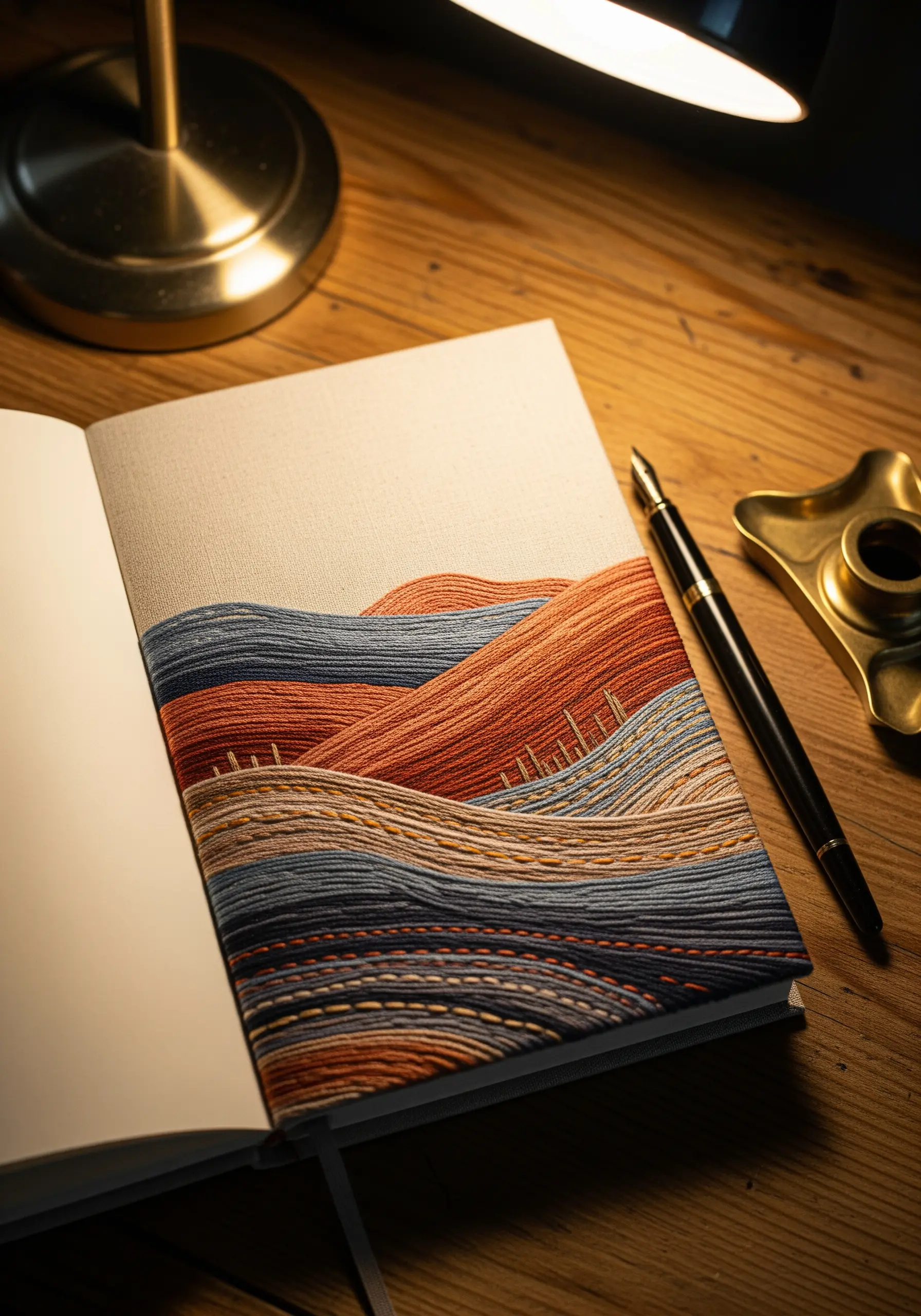 Embroidered journal cover showing abstract, wavy landscape in earthy tones.