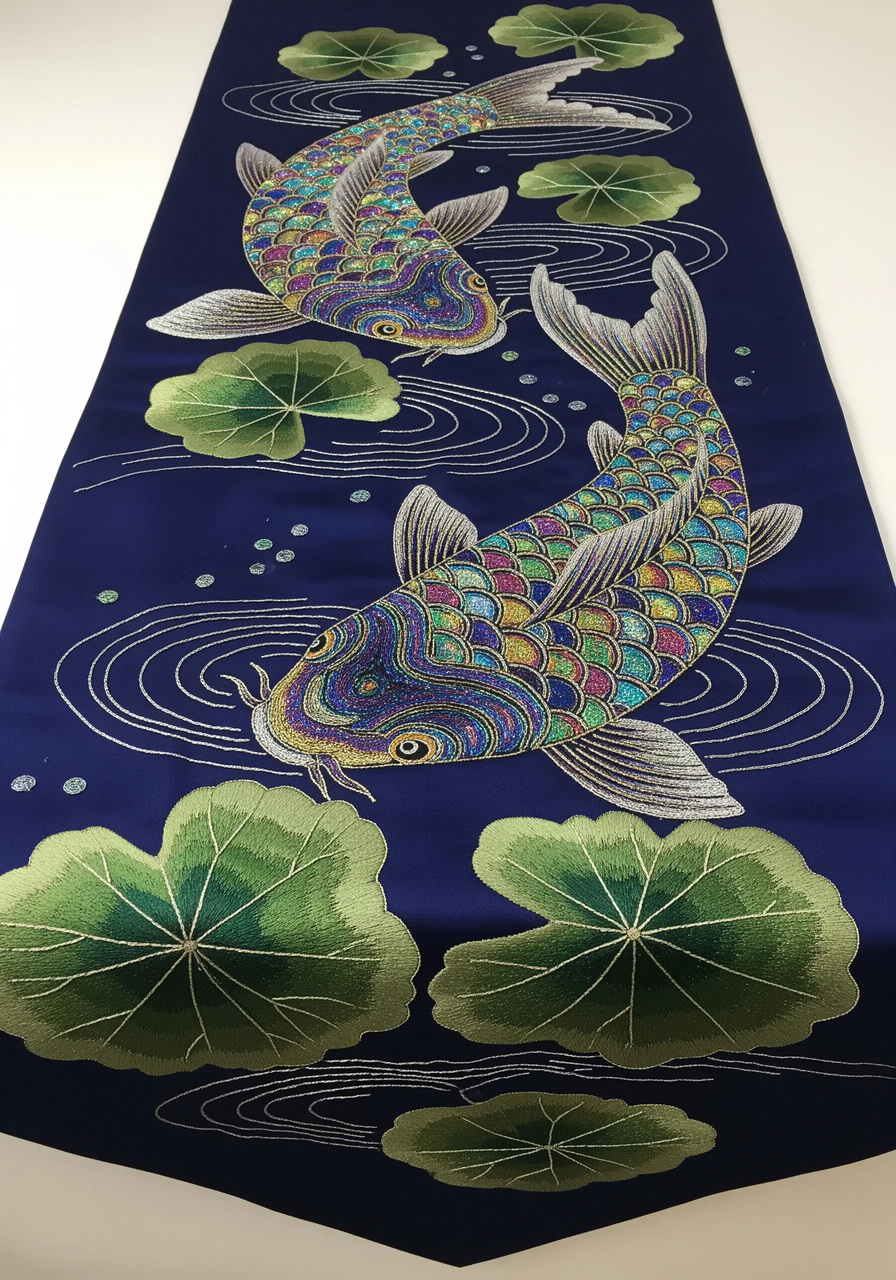 A table runner with two intricately embroidered koi fish using colorful variegated metallic threads.