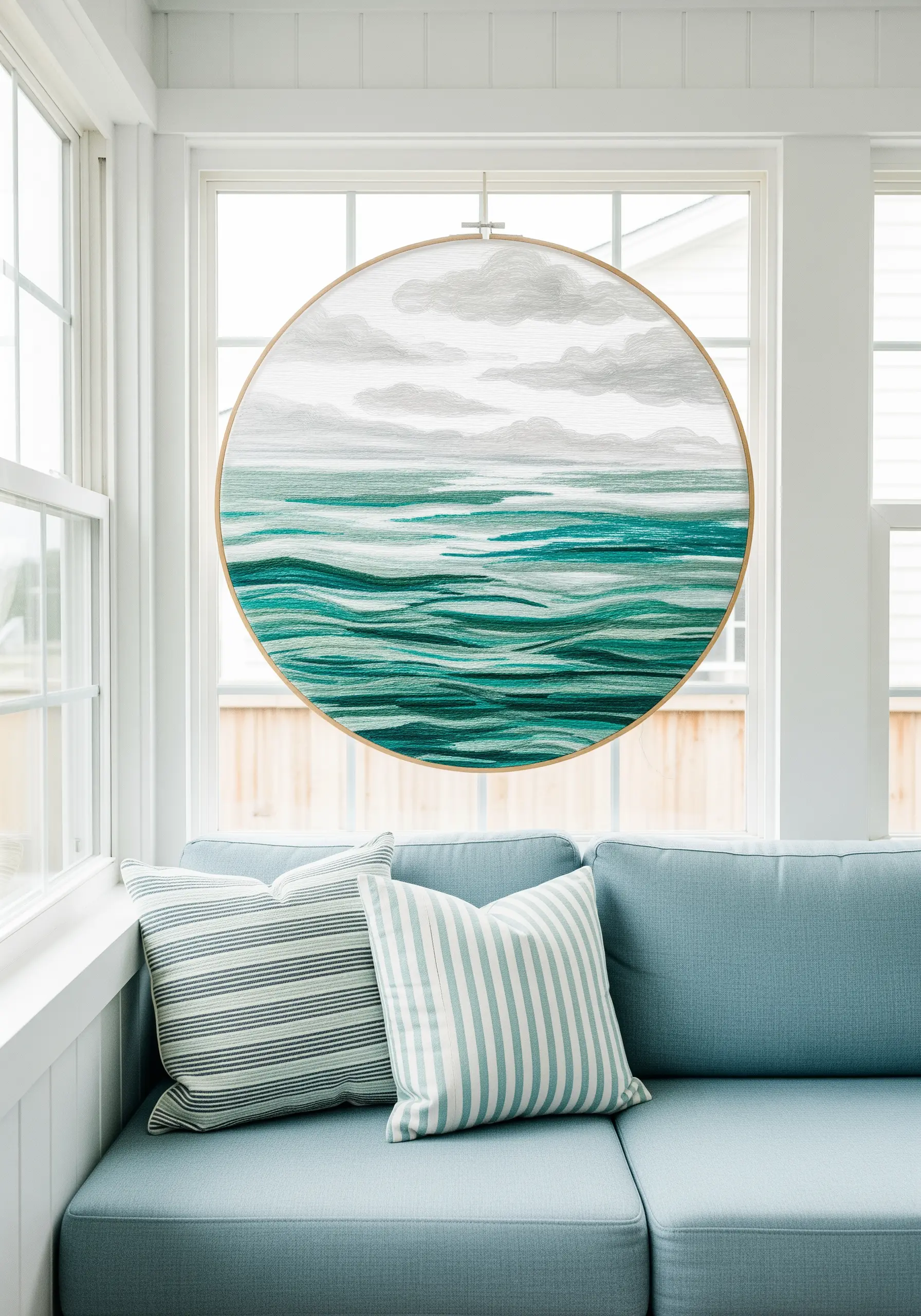 Oversized embroidery hoop depicting a painterly seascape with teal and green thread.