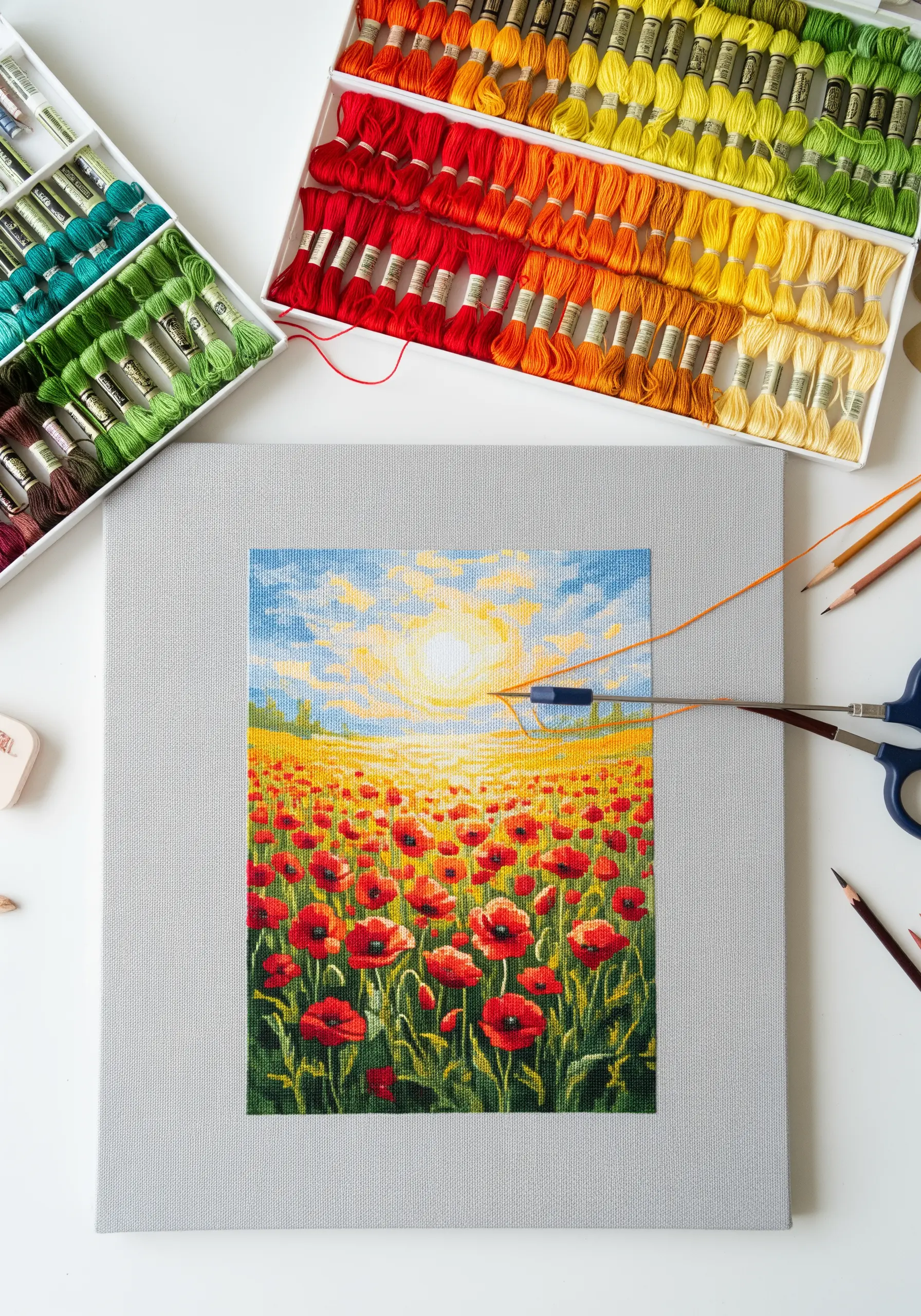 A detailed embroidery of a poppy field at sunset, stretched over a canvas frame.