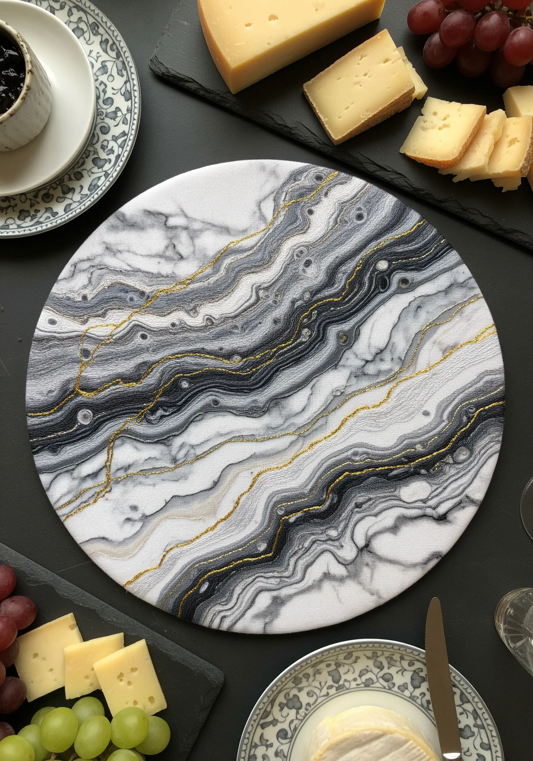 A round, embroidered piece mimicking white and gray marble with veins of gold thread.