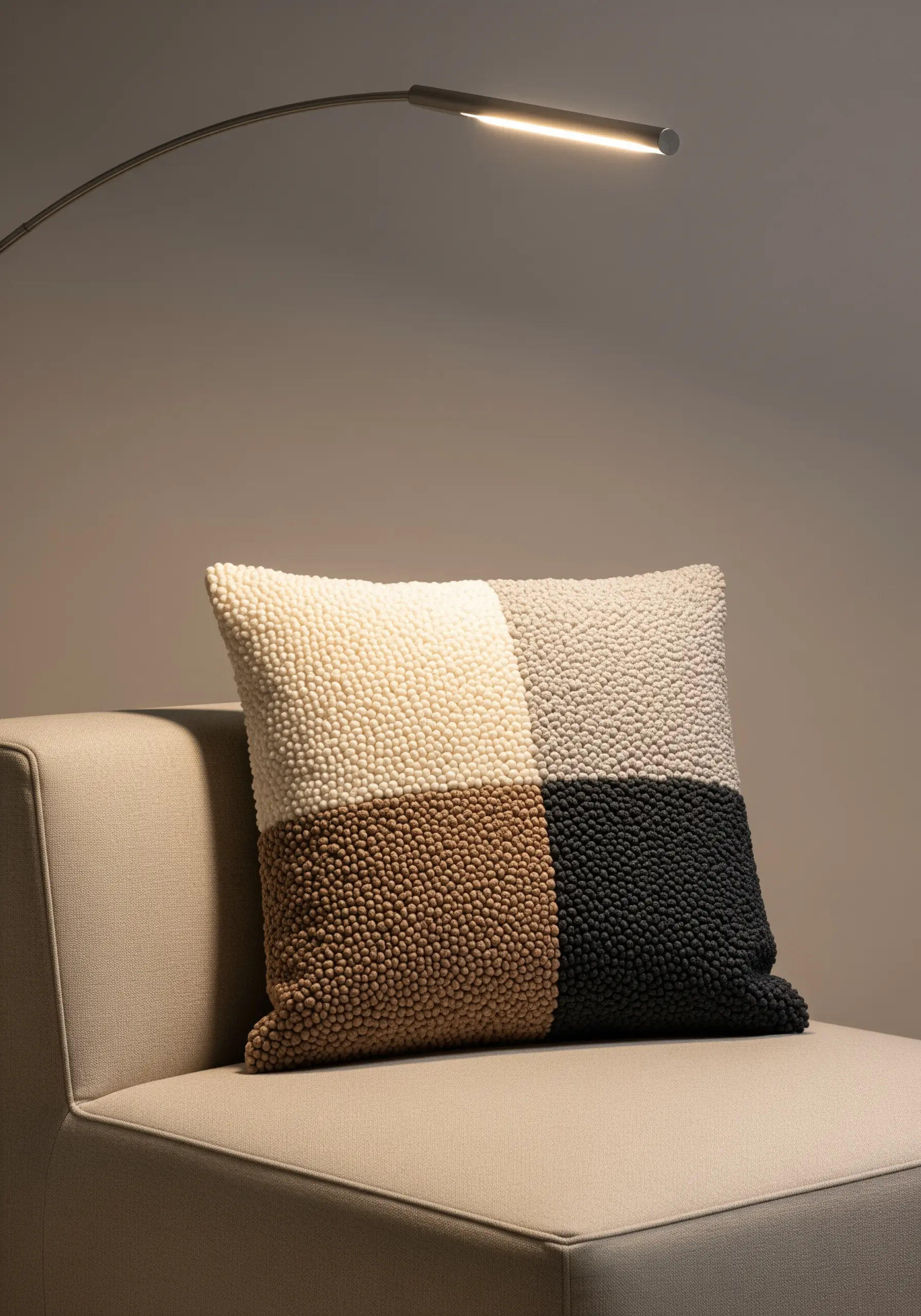 A color-blocked cushion with four squares filled with dense French knots.