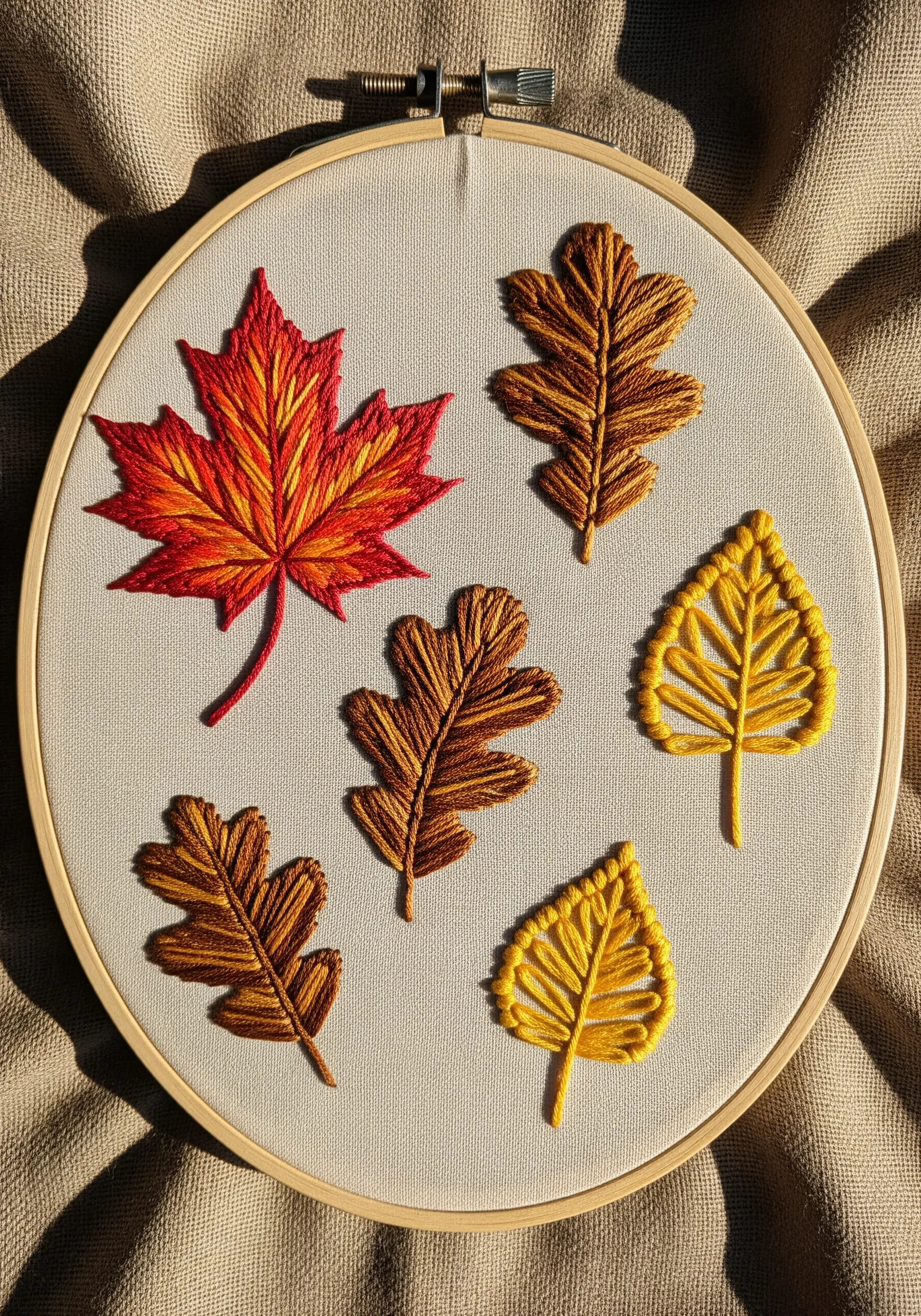 Embroidery hoop with five autumn leaves showing different color blending techniques.