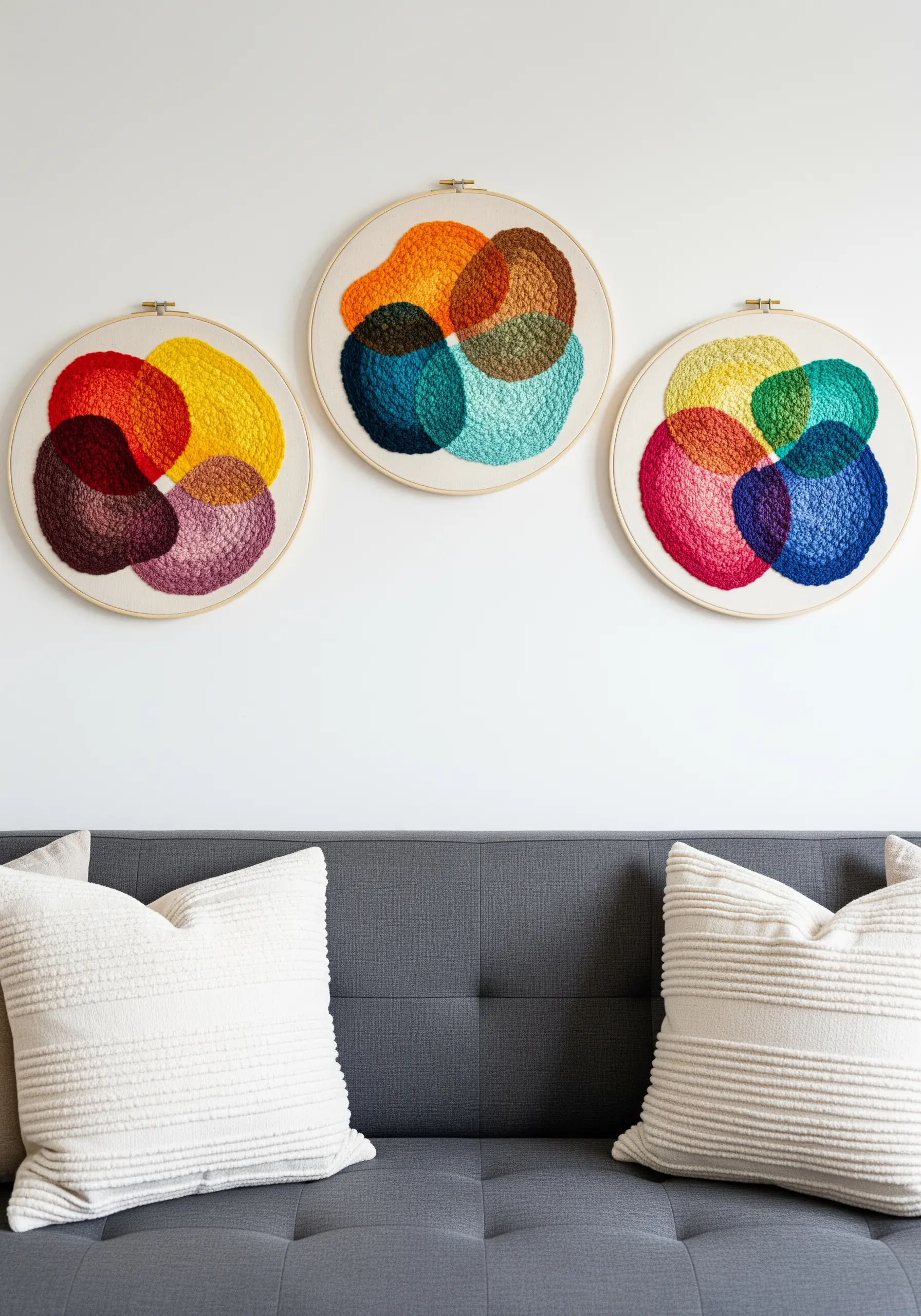 Three large hoops displaying abstract, overlapping color fields filled with dense seed stitches.