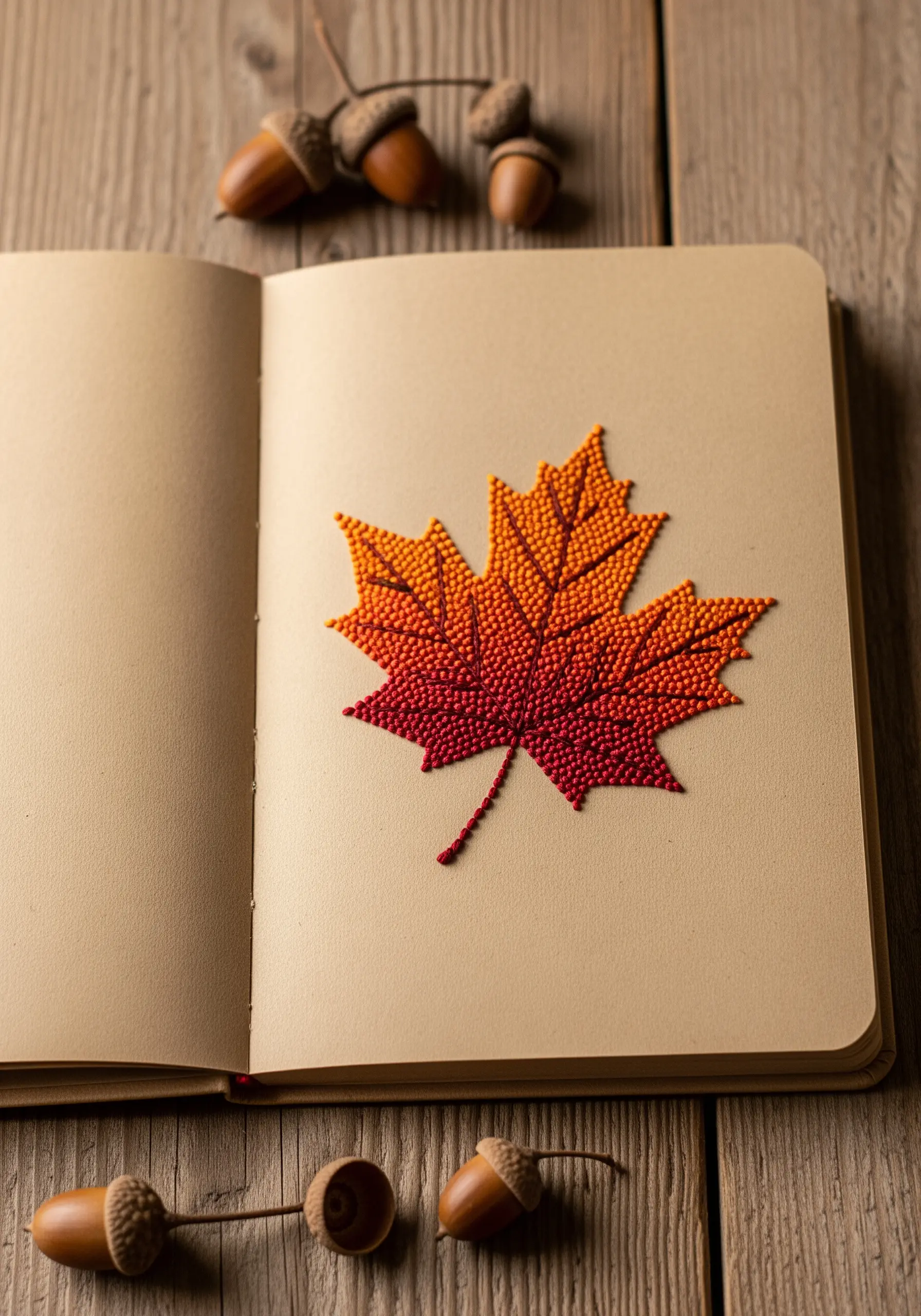 An autumn maple leaf filled with a gradient of red, orange, and yellow French knots.