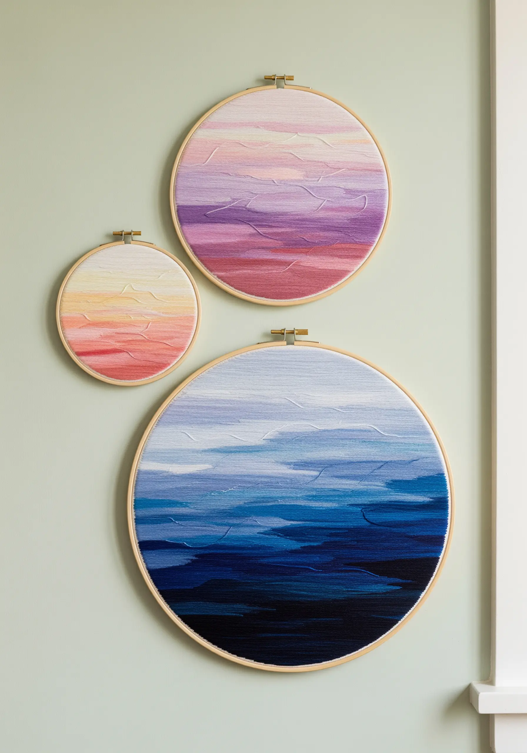 Three embroidery hoops with abstract thread-painted seascapes in gradient colors.