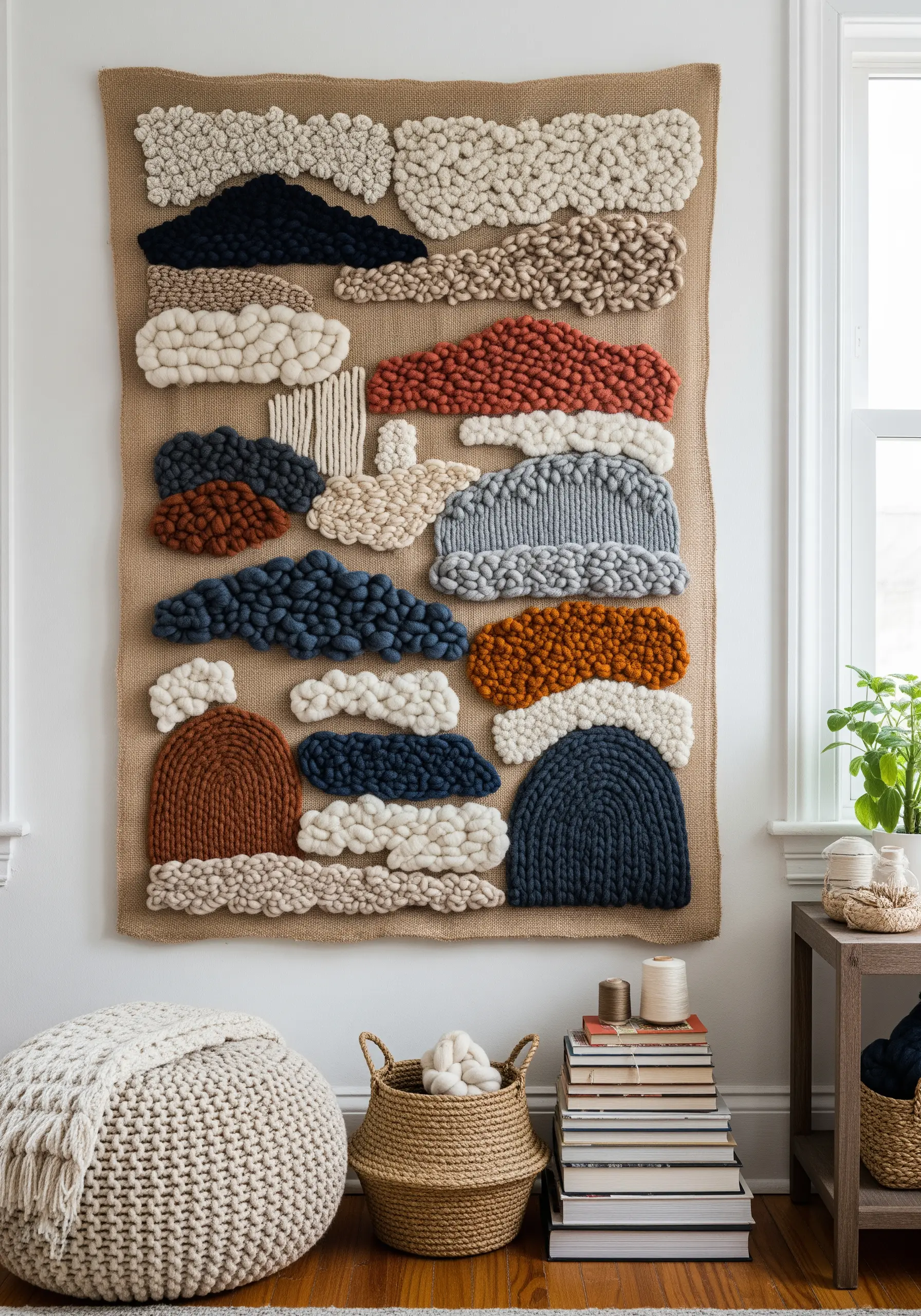 A large, textural wall hanging made with chunky yarn and wool in abstract, cloud-like shapes.