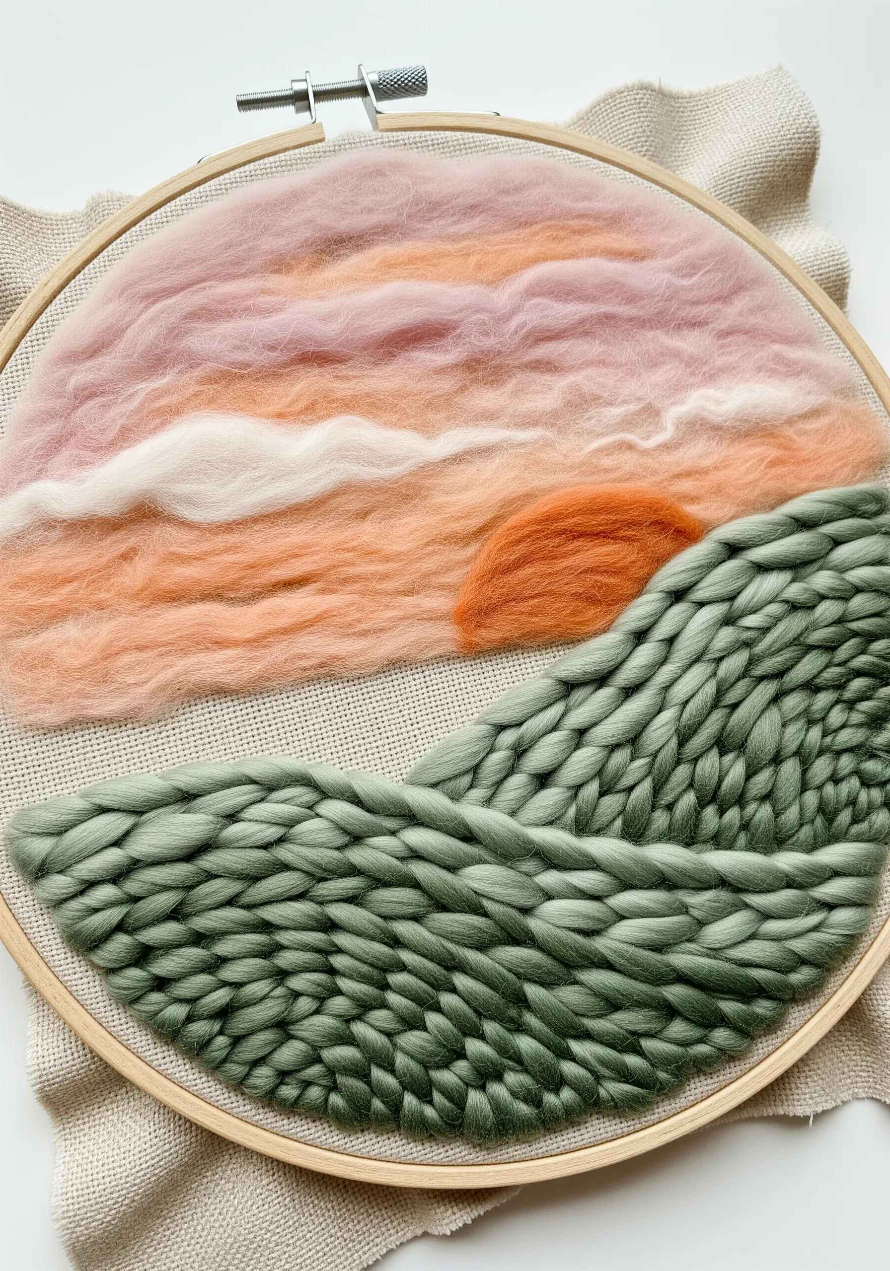 Needle-felted wool roving sky and chunky woven yarn landscape in an embroidery hoop.