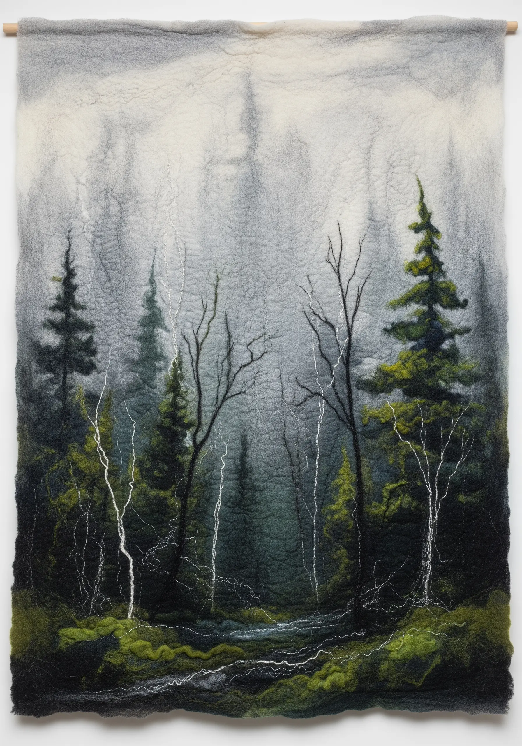 A needle-felted wall tapestry of a misty forest with dark green pines and white birch trees.