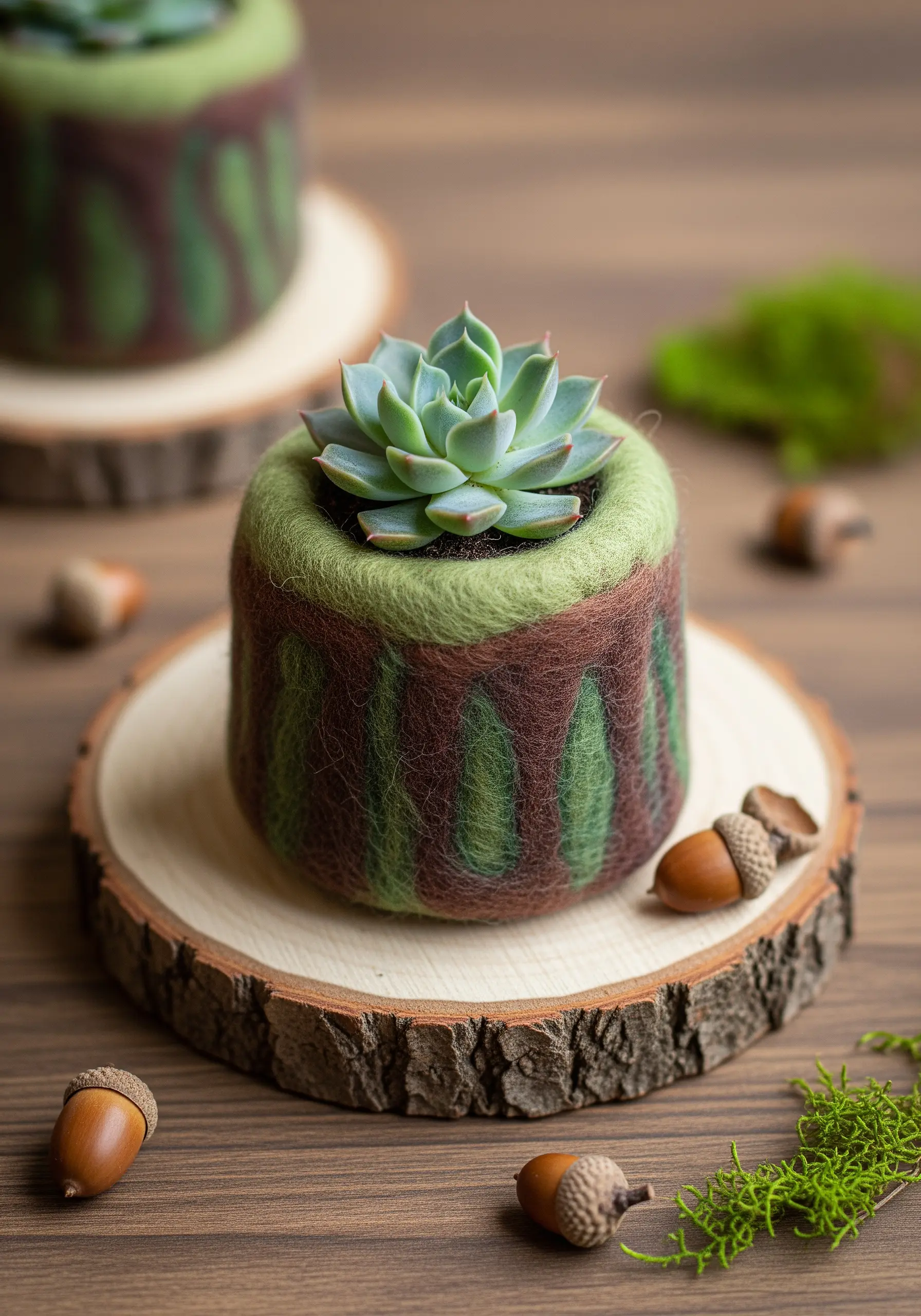 A needle-felted wool planter in brown and green, holding a small succulent.