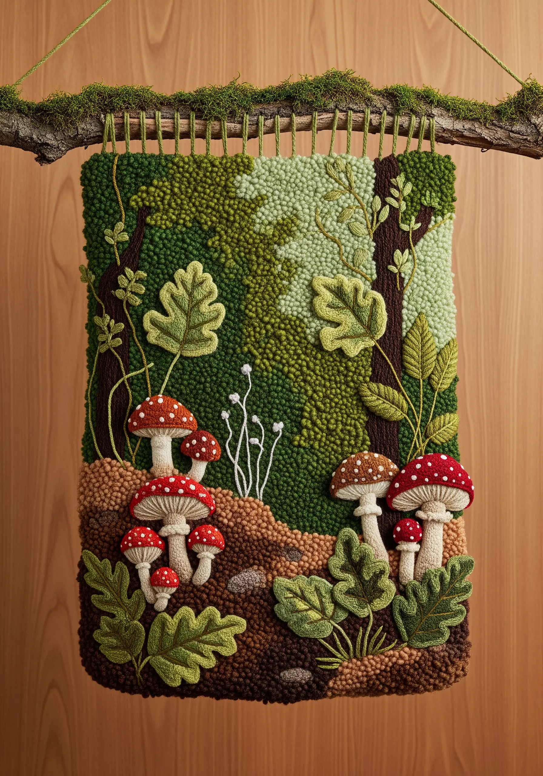A lush punch needle forest scene with 3D mushrooms, leaves, and a textured green background.