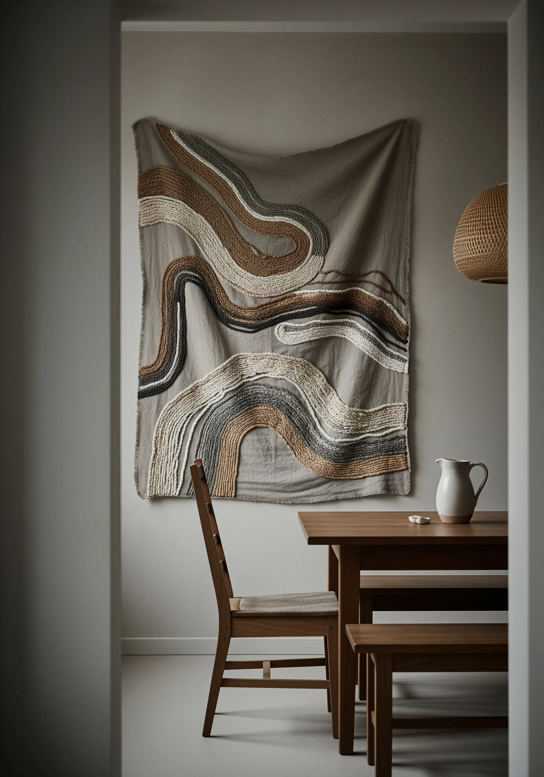 Abstract wall tapestry with thick, flowing lines of couched yarn in neutral earth tones.