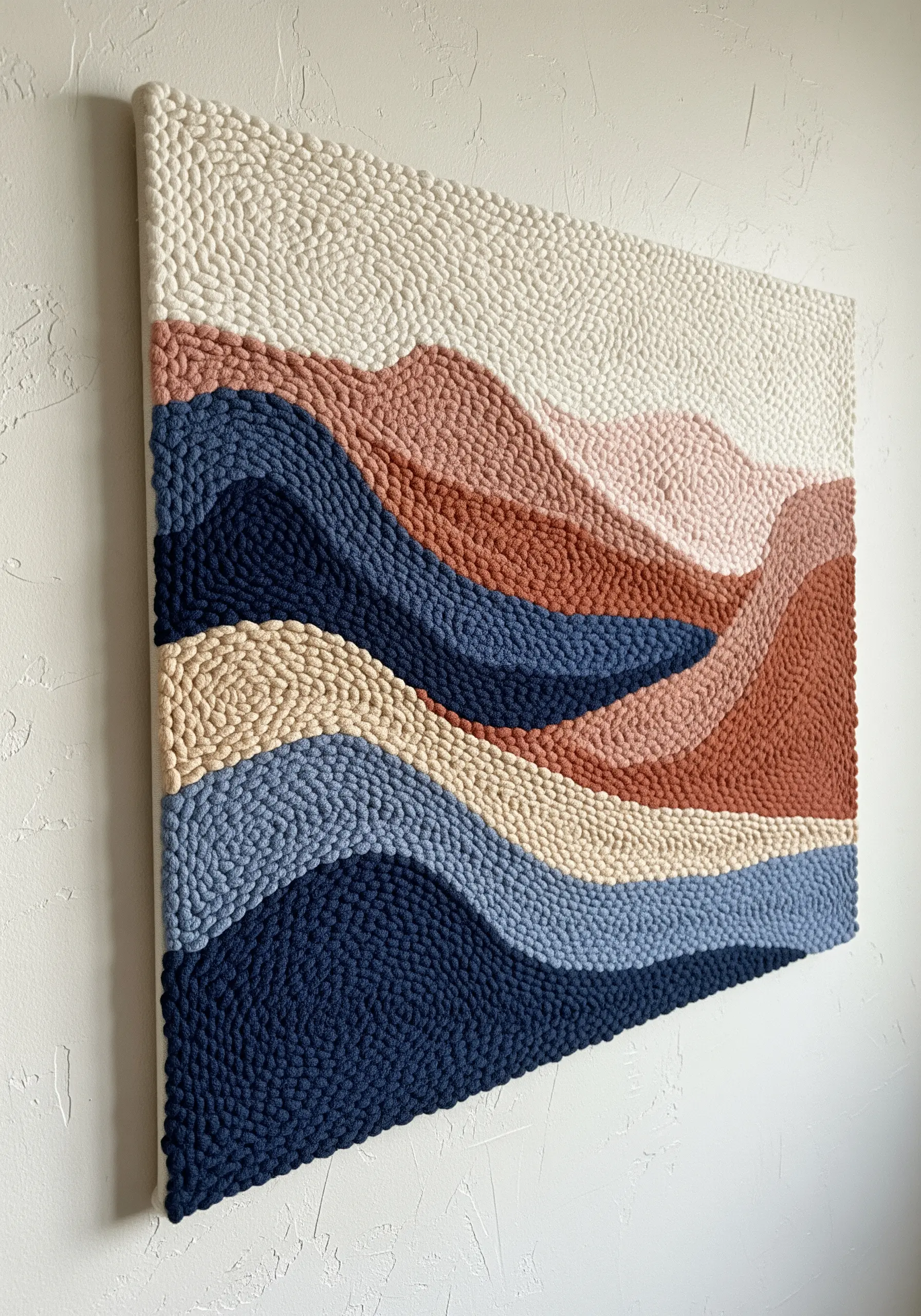 Punch needle wall art depicting abstract rolling hills in shades of navy, rust, pink, and cream.