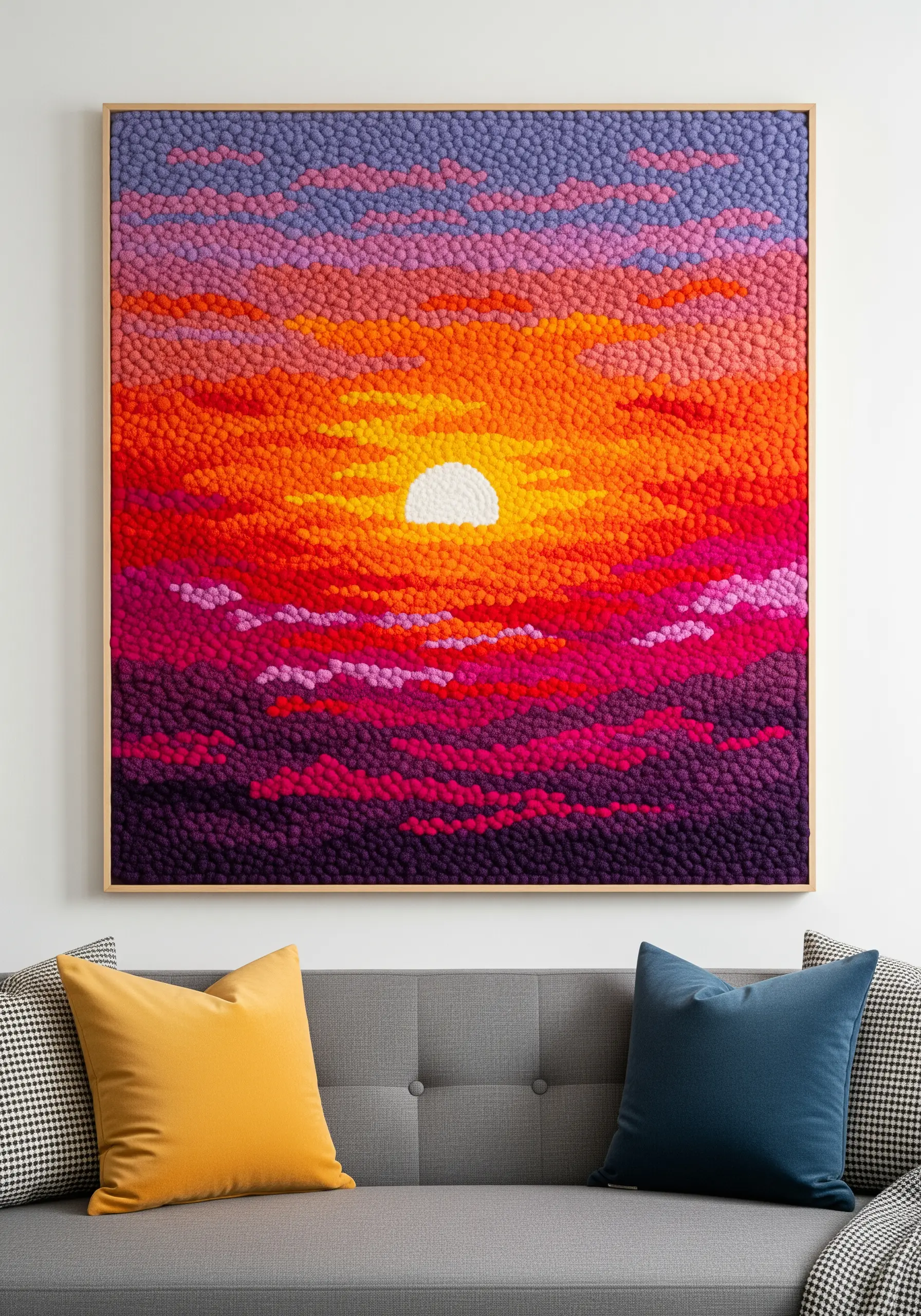 A large punch needle wall art piece depicting a vibrant sunset over water.