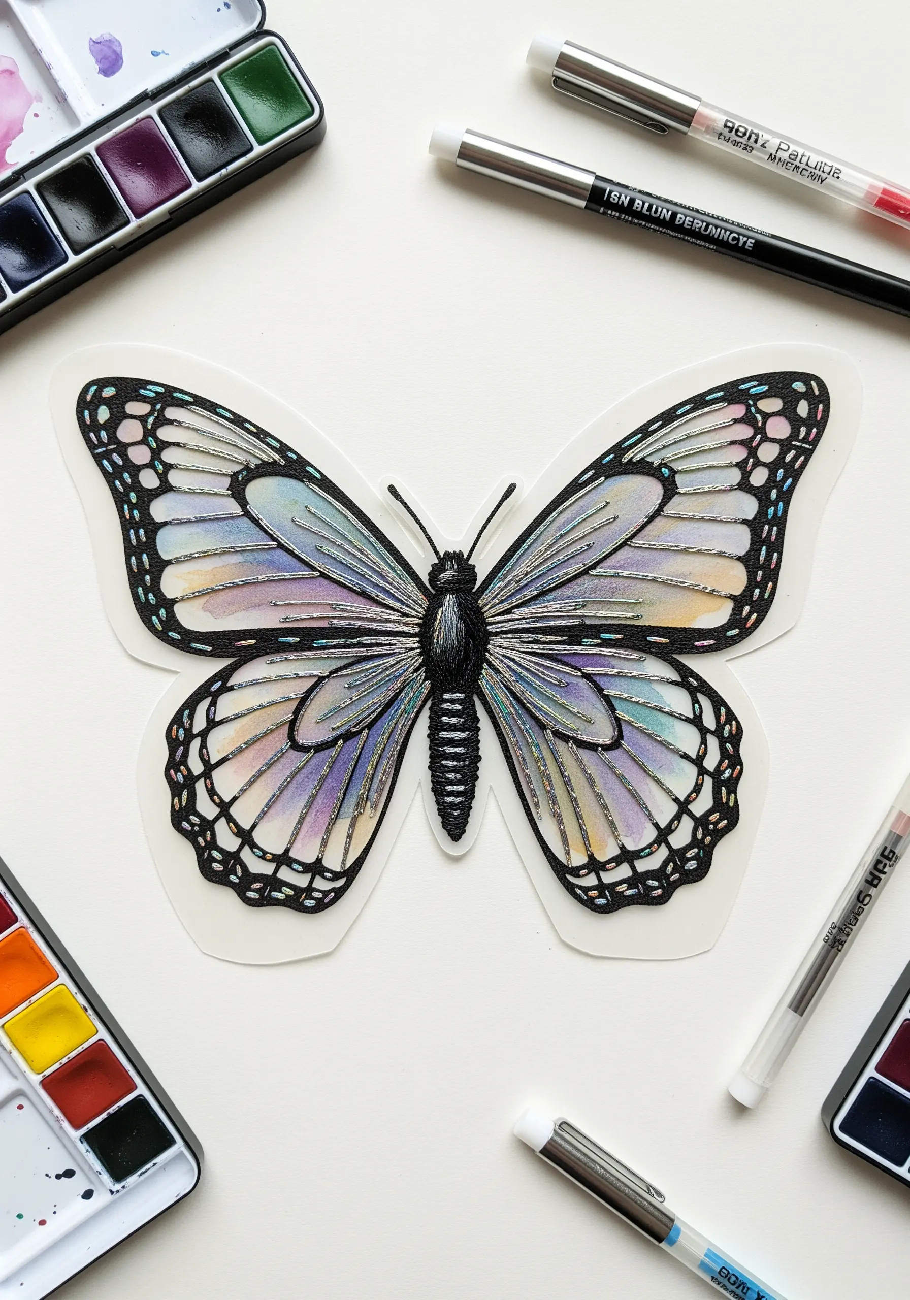 A butterfly illustration with wings colored with iridescent watercolor paint and detailed with black ink.