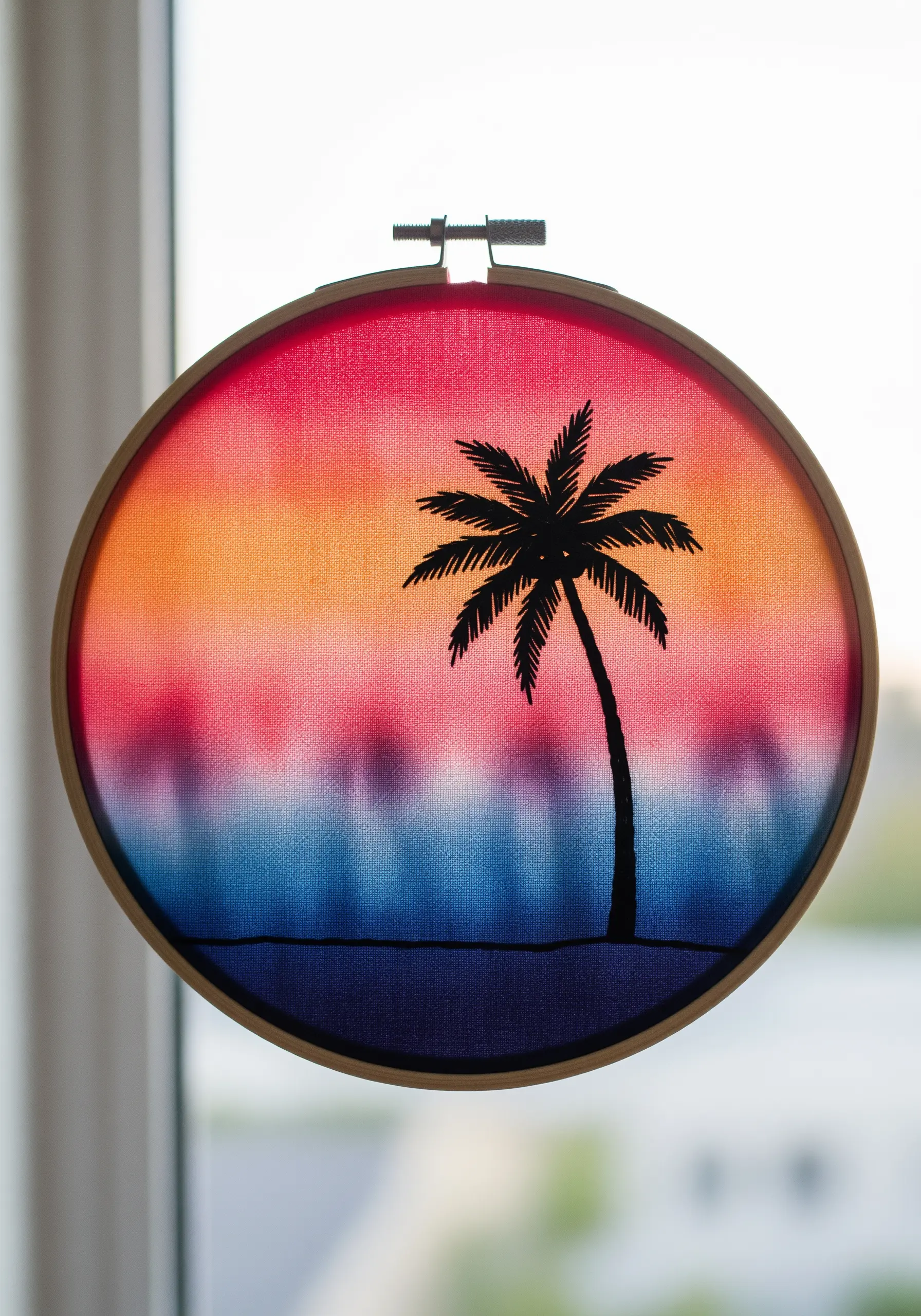 Palm tree silhouette embroidered over a painted sunset background in a hoop.