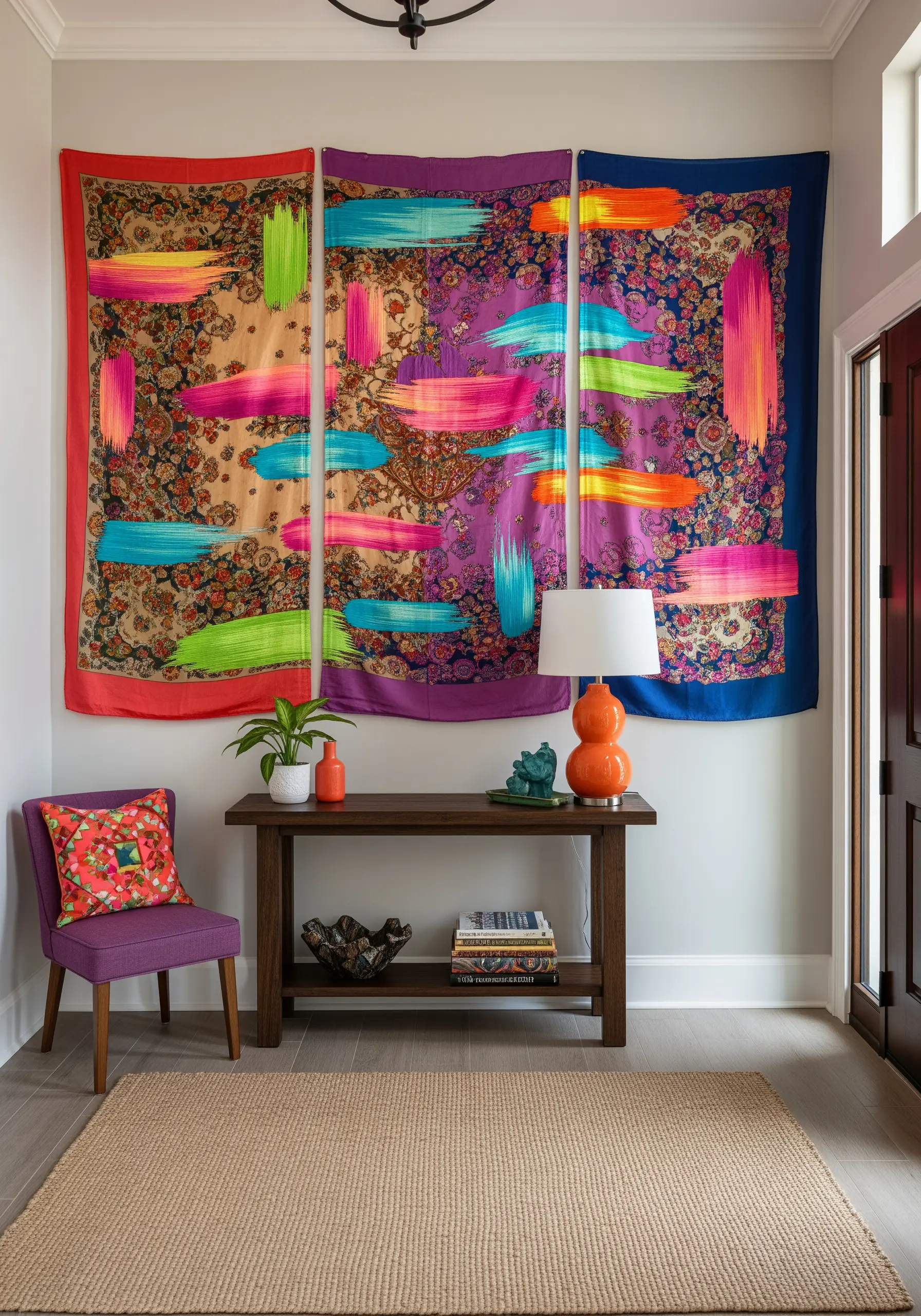 Three patterned scarves hanging as a triptych, each with vibrant, abstract paint brushstrokes.