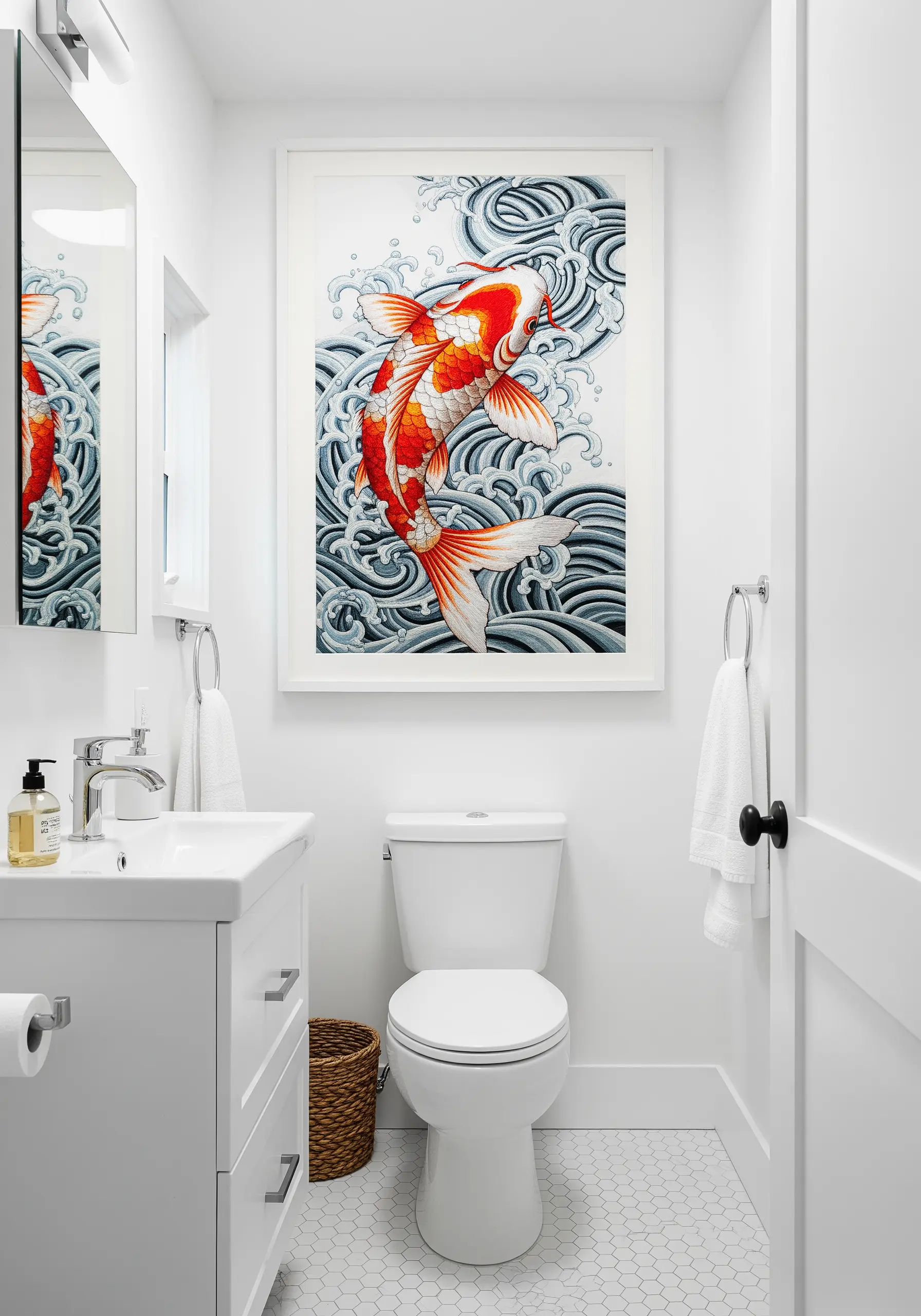 A large, framed thread-painted artwork of a vibrant orange and white koi fish in swirling water.