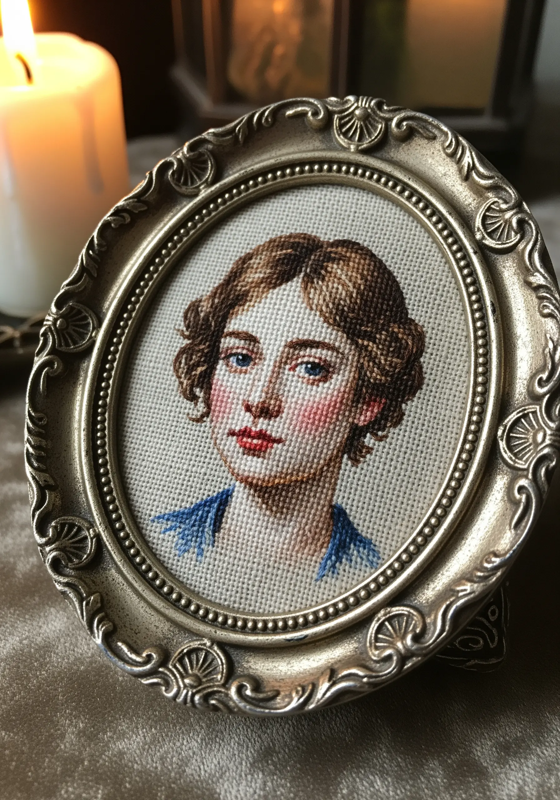 A detailed, painterly embroidered portrait of a woman in a vintage silver frame.