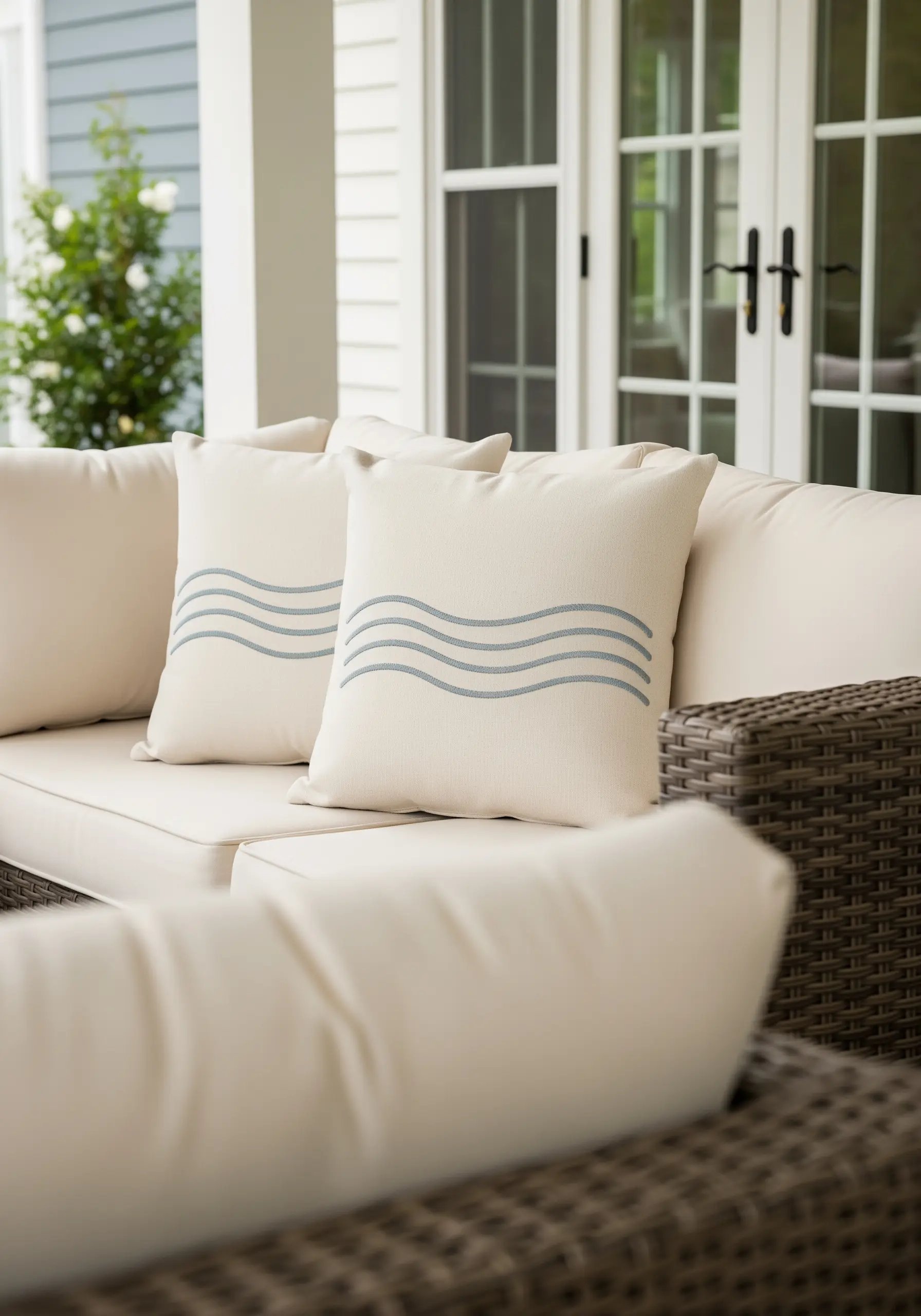 Two cream pillows with abstract wave motifs filled with seed stitch.