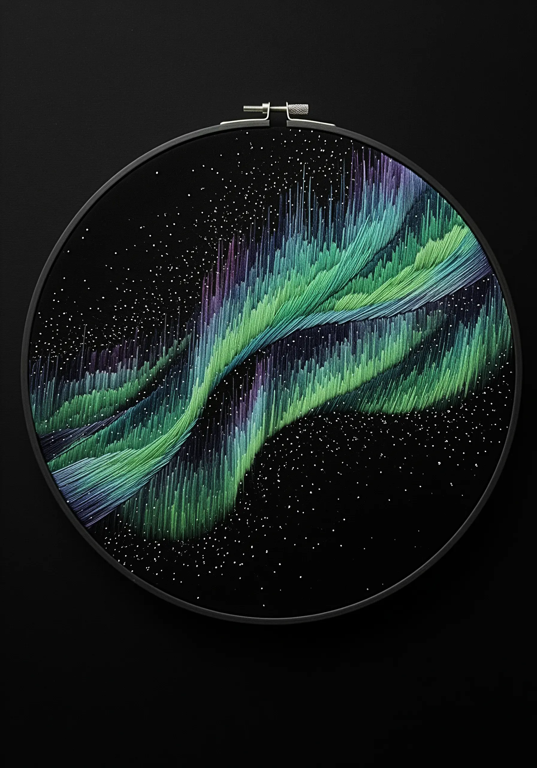 Embroidery of the Northern Lights using vertical straight stitches in greens and purples on black fabric.