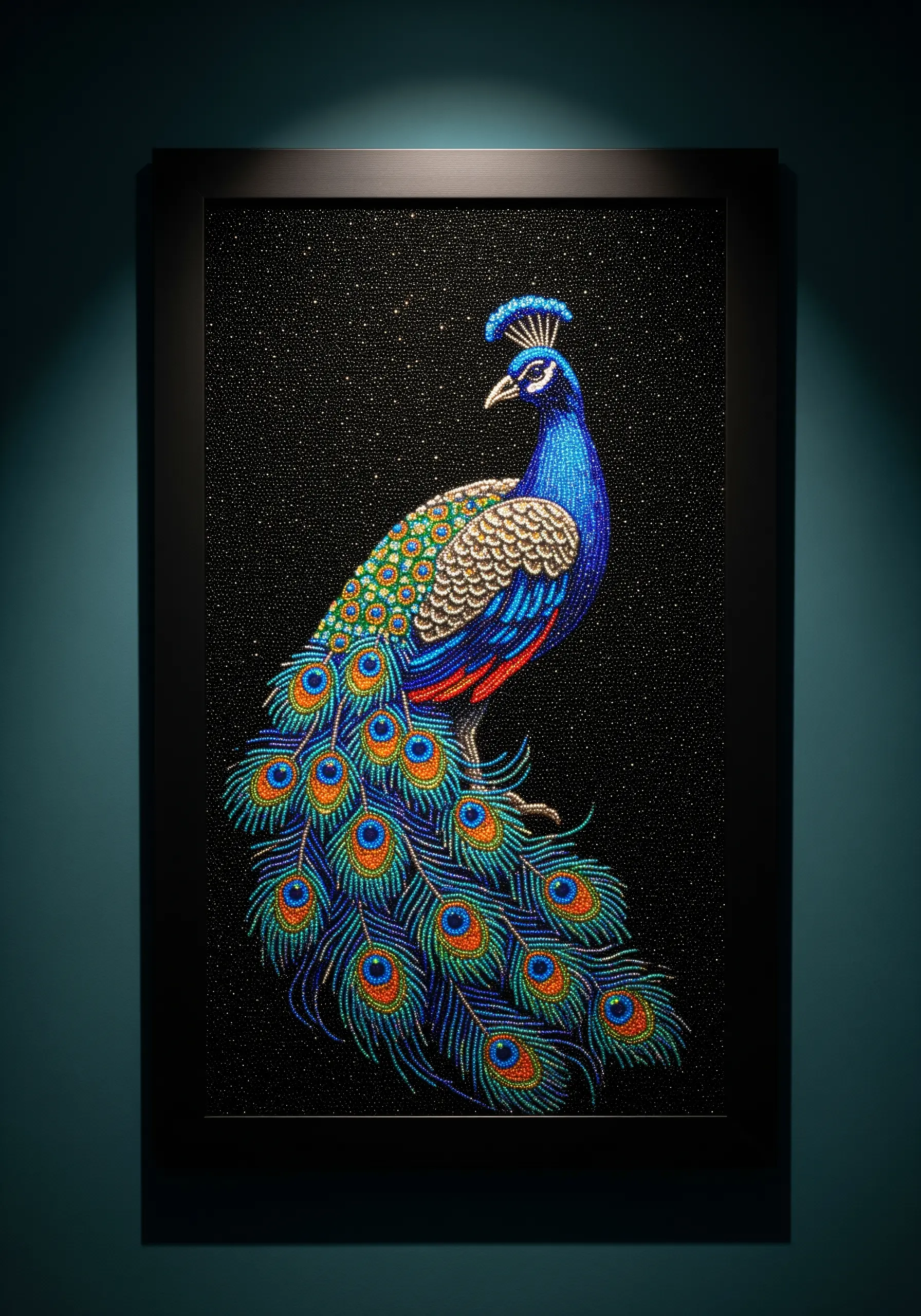 Intricately beaded artwork of a peacock with vibrant blue, green, and orange seed beads.