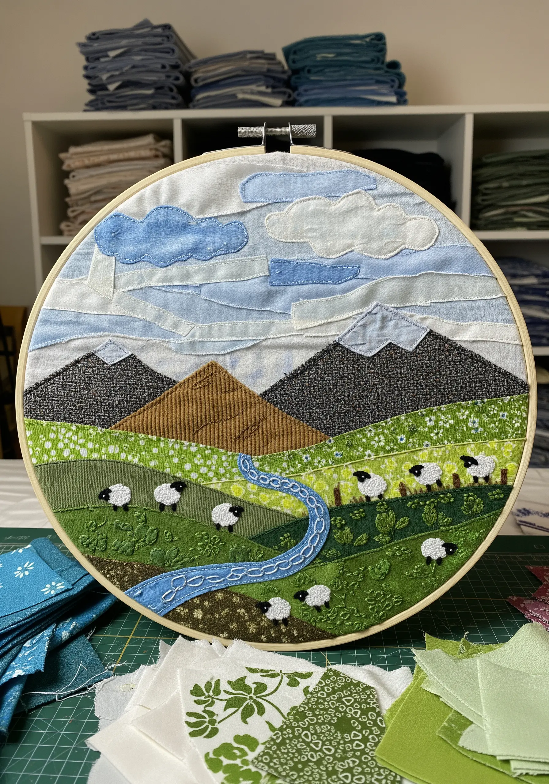 A large hoop art landscape made from a collage of green and blue textured fabrics with small sheep.