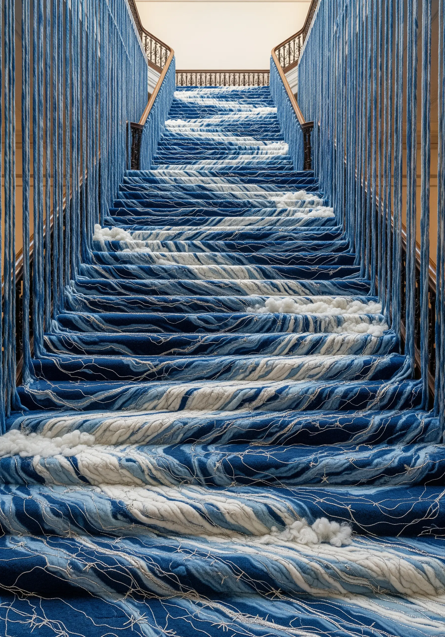 A grand staircase covered in a flowing blue and white textile that mimics ocean waves.